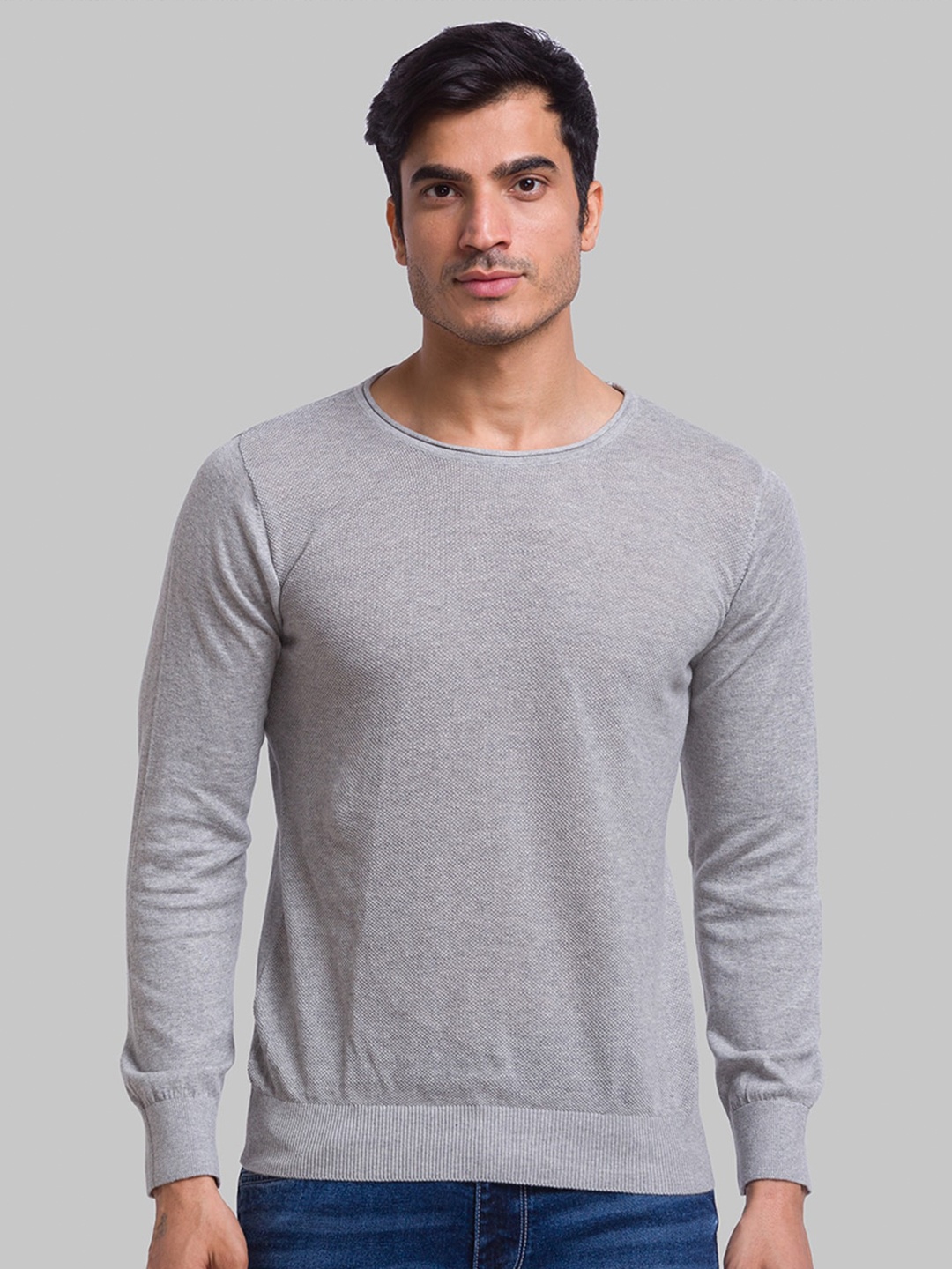 

Parx Men Ribbed Hem Knitted Pullover Cotton Sweater, Grey