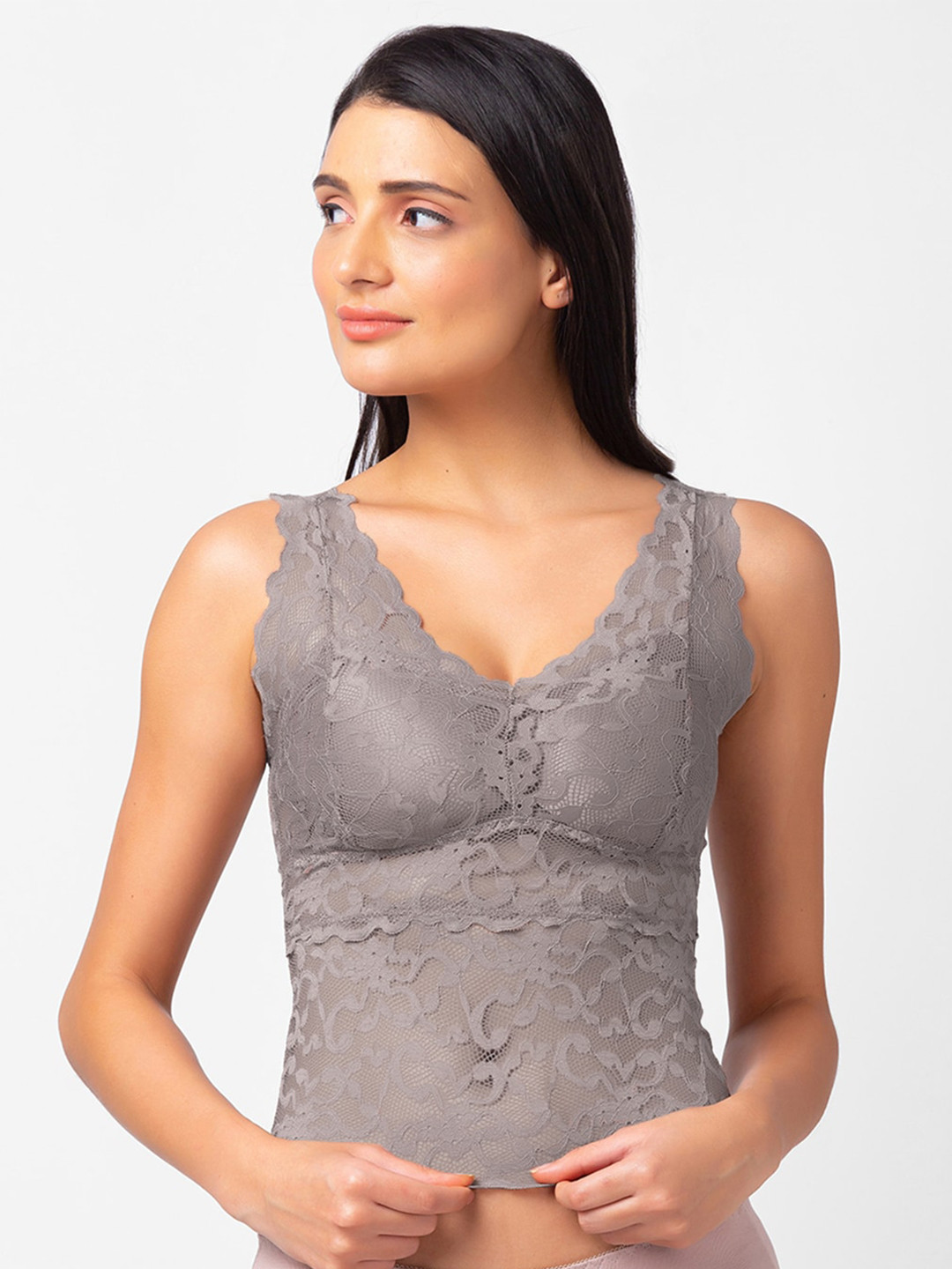 

FashionRack Floral Lace Removable Padding All Day Comfort Anti Odour Bralette Bra, Grey