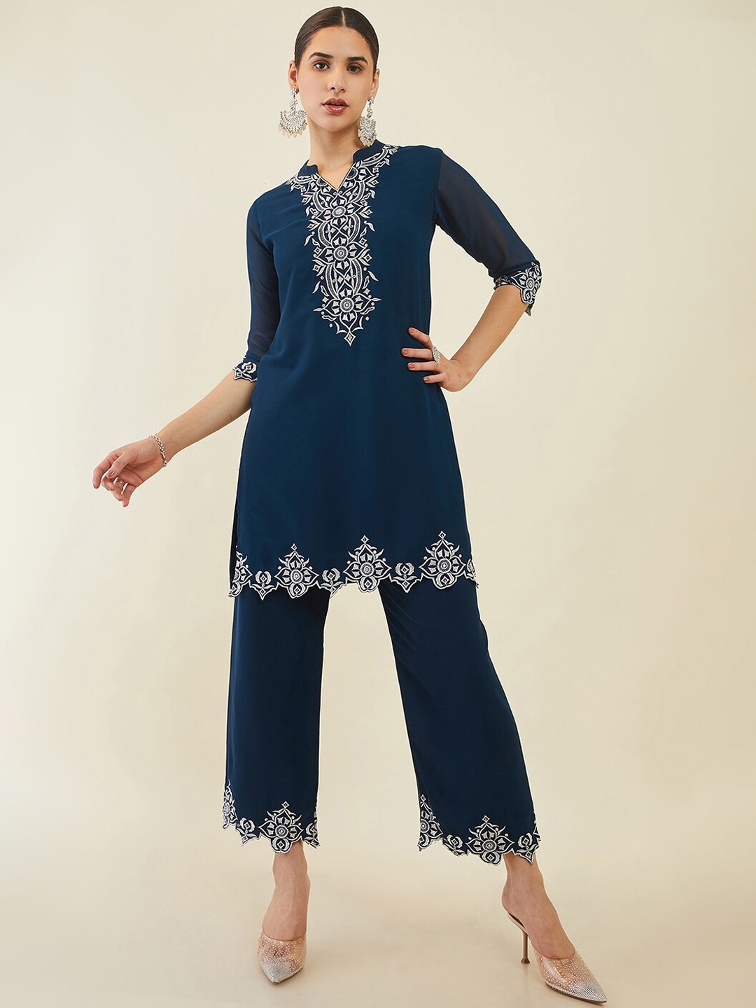 

Soch Band Neck Ethnic Motifs Embroidered Georgette Kurta with Palazzos, Blue