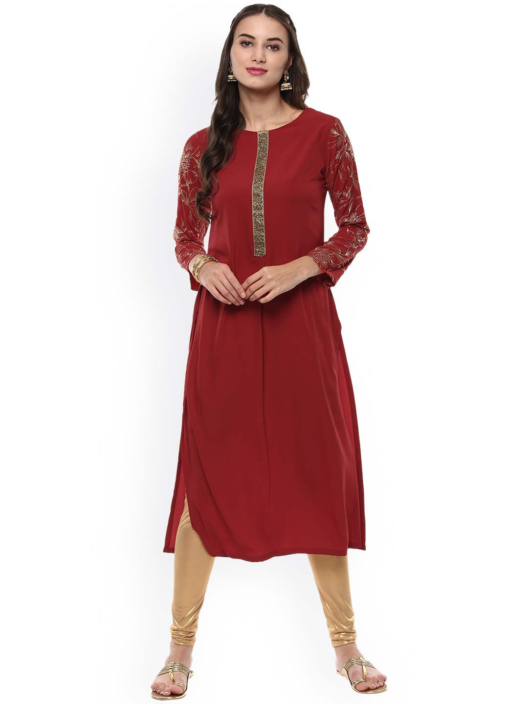 

Janasya Women Red Solid Straight Kurta