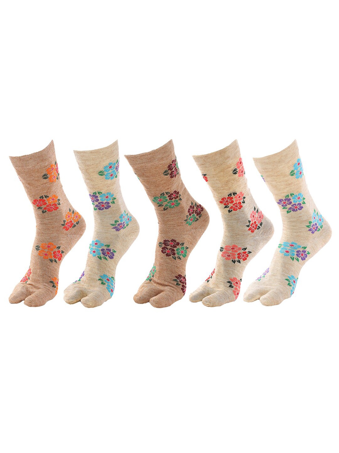 

MARC Women Pack Of 5 Floral Printed Calf-Length Socks, Beige