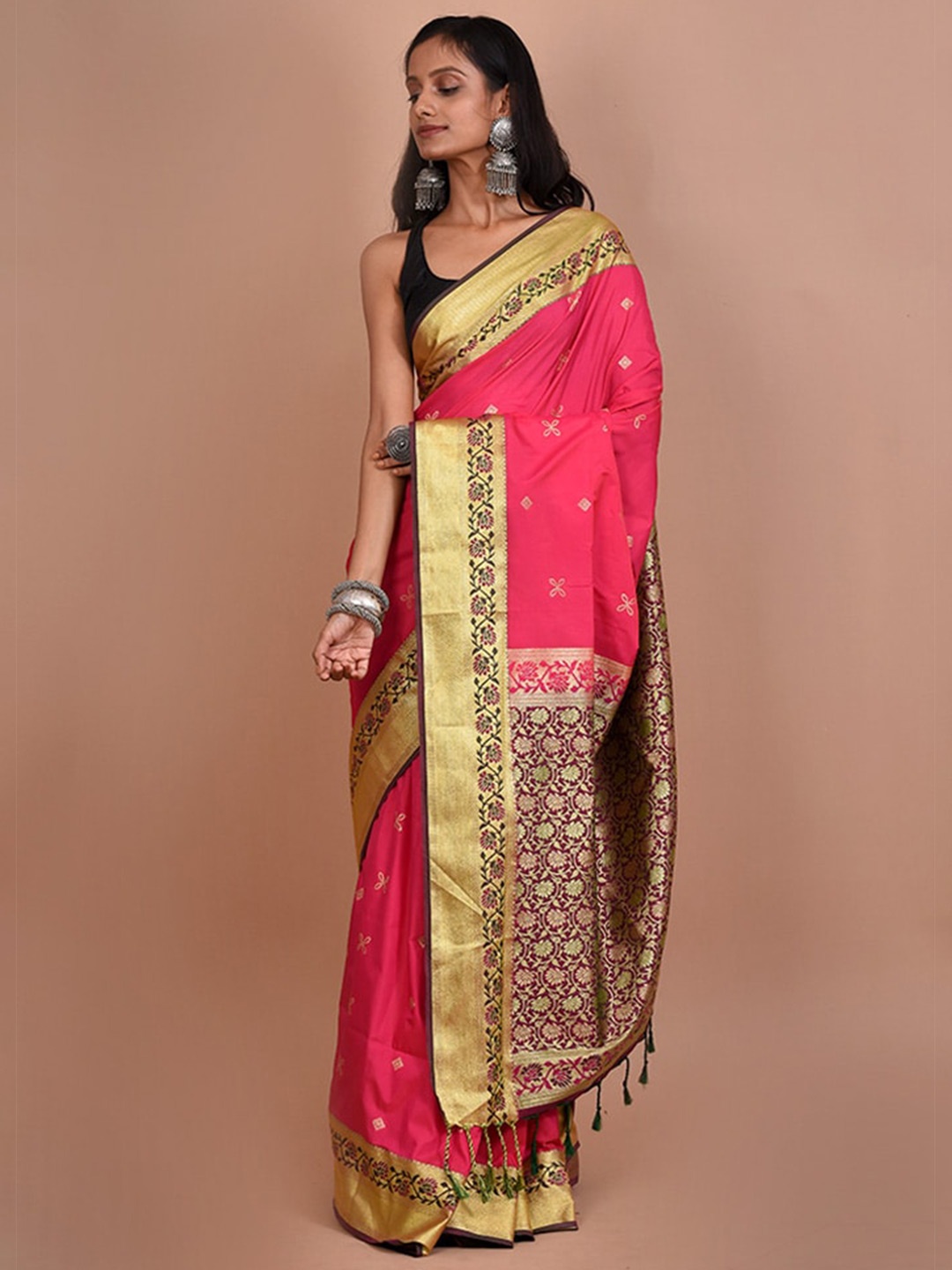 

AllSilks Woven Design Zari Silk Blend Kanjeevaram Saree, Pink