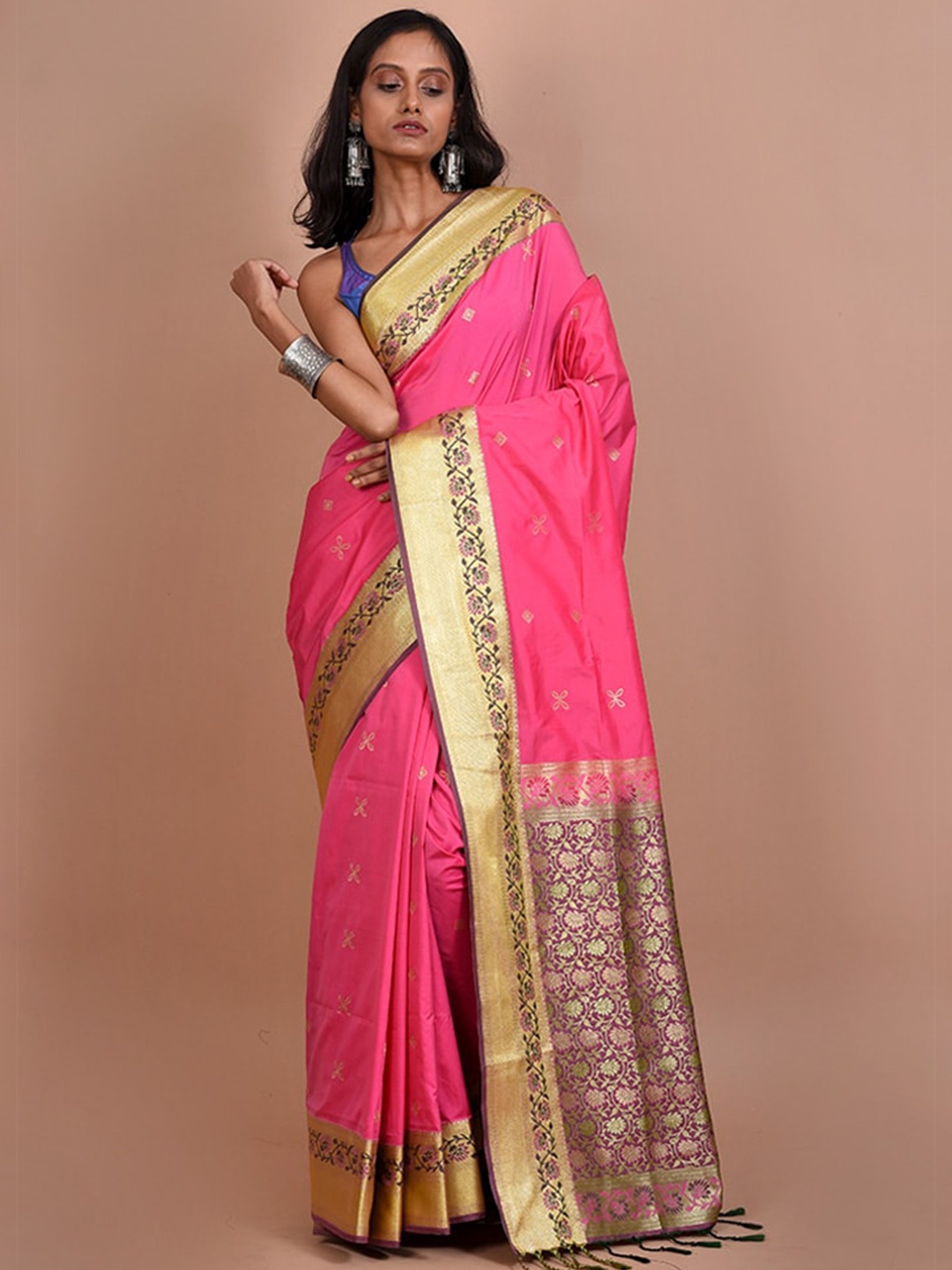 

AllSilks Ethnic Motifs Woven Design Zari Silk Blend Kanjeevaram Saree, Pink