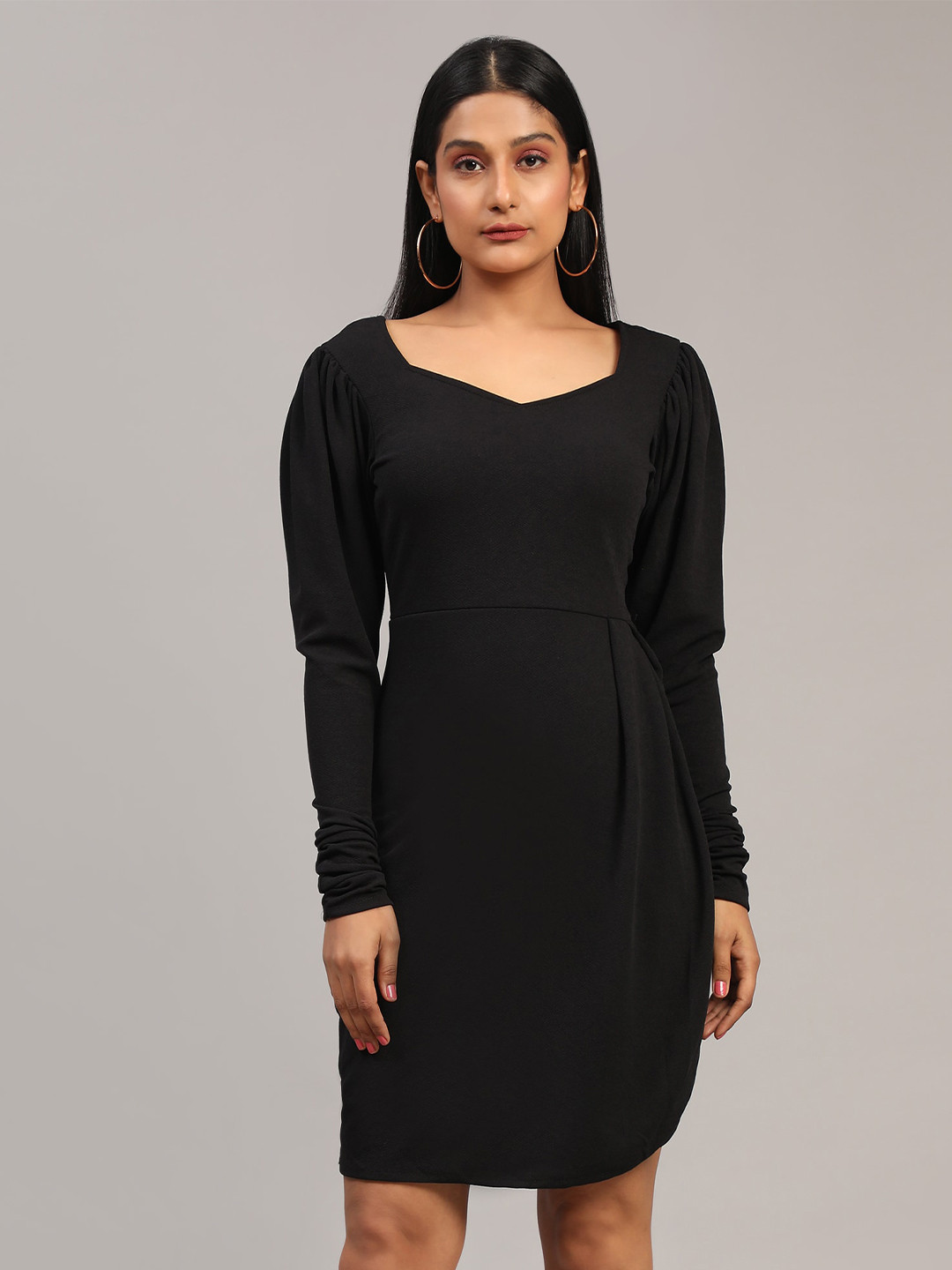 

Ekta Textiles Long Sleeves Sweetheart Neck Cotton Sheath Dress, Black