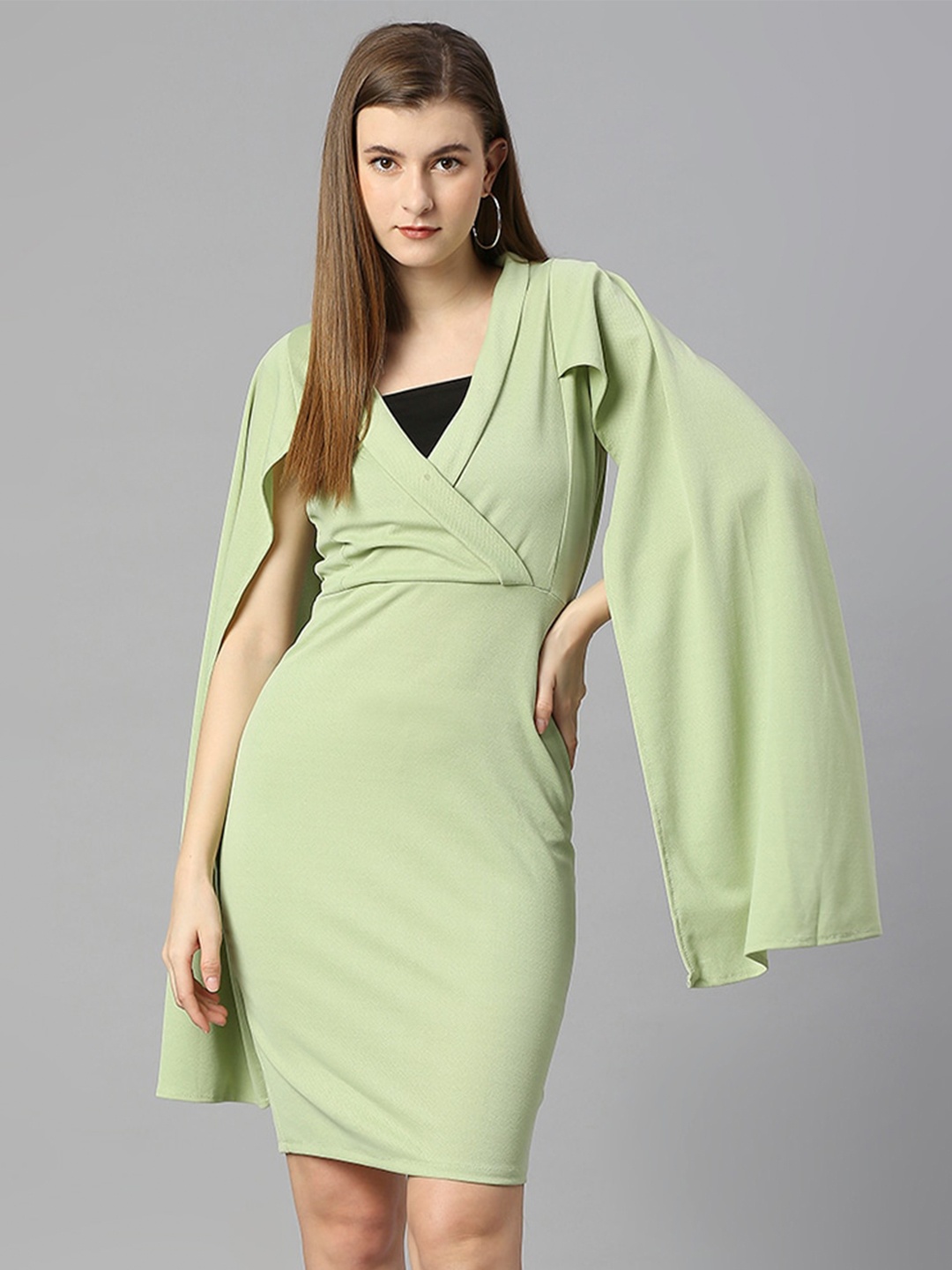 

Ekta Textiles Cotton V-Neck Slit Sleeves Wrap Dress, Lime green