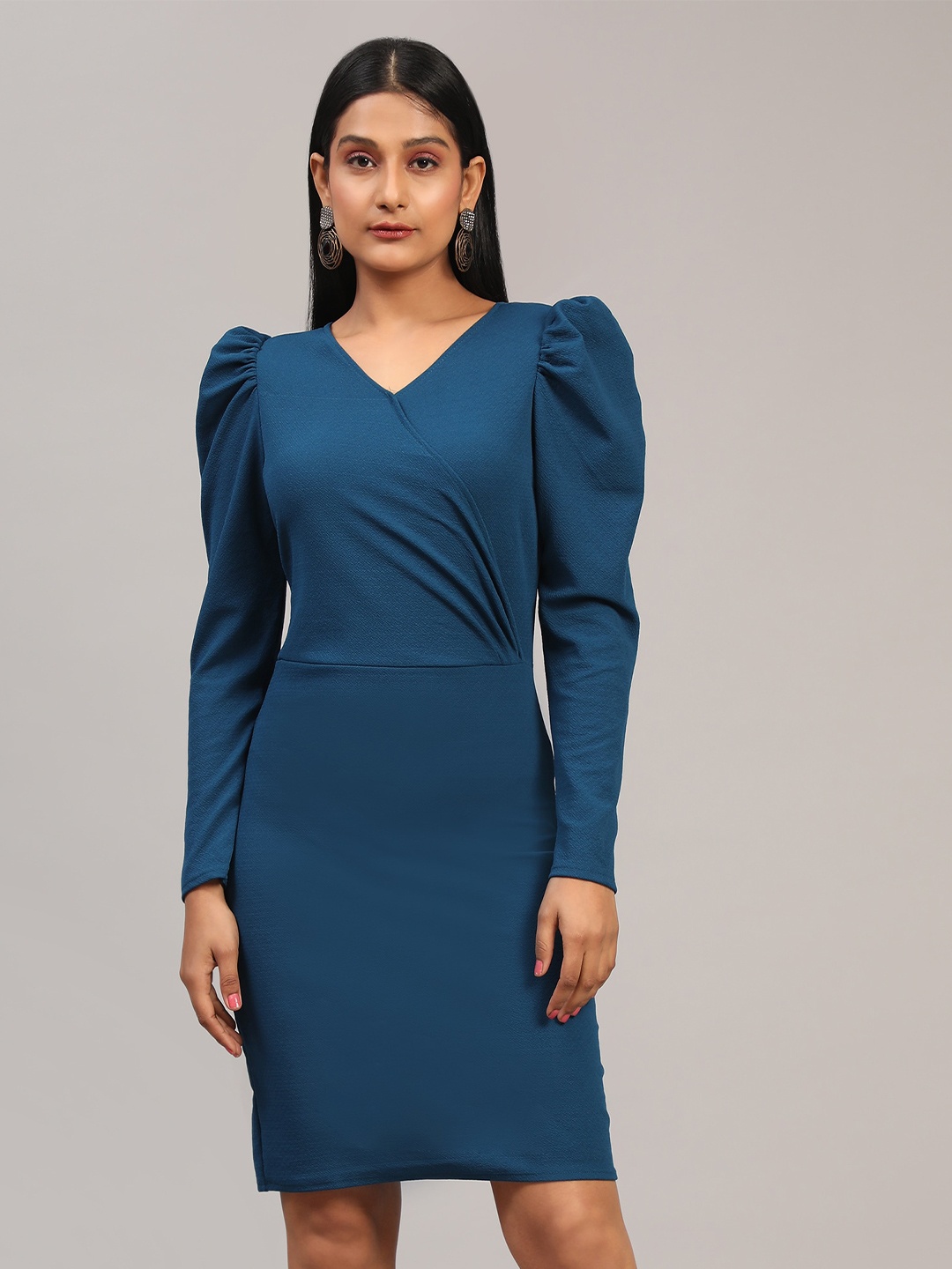 

Ekta Textiles V-Neck Puff Sleeves Sheath Dress, Blue