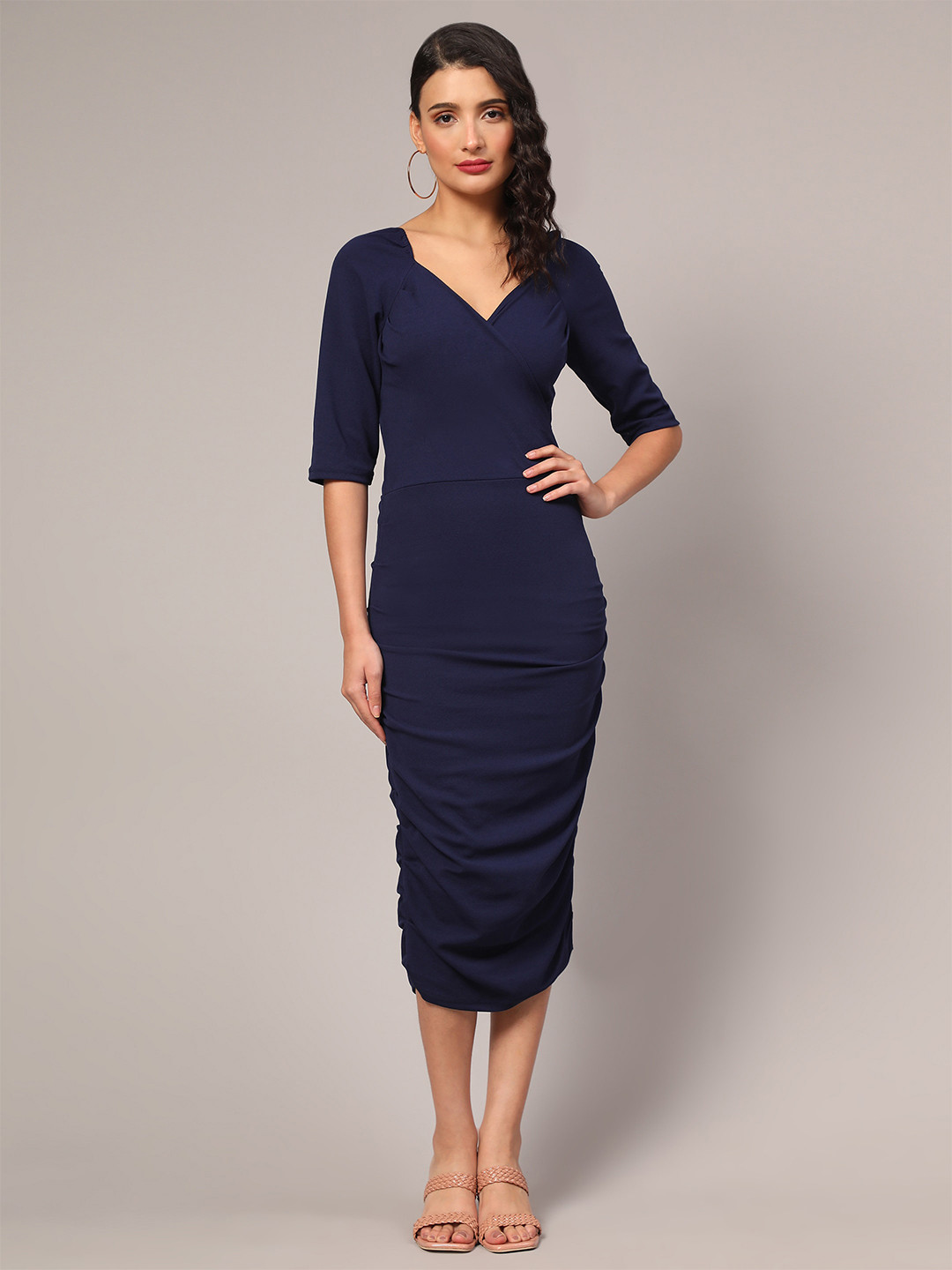 

Ekta Textiles Ruched V-Neck Cotton Midi Bodycon Dress, Navy blue