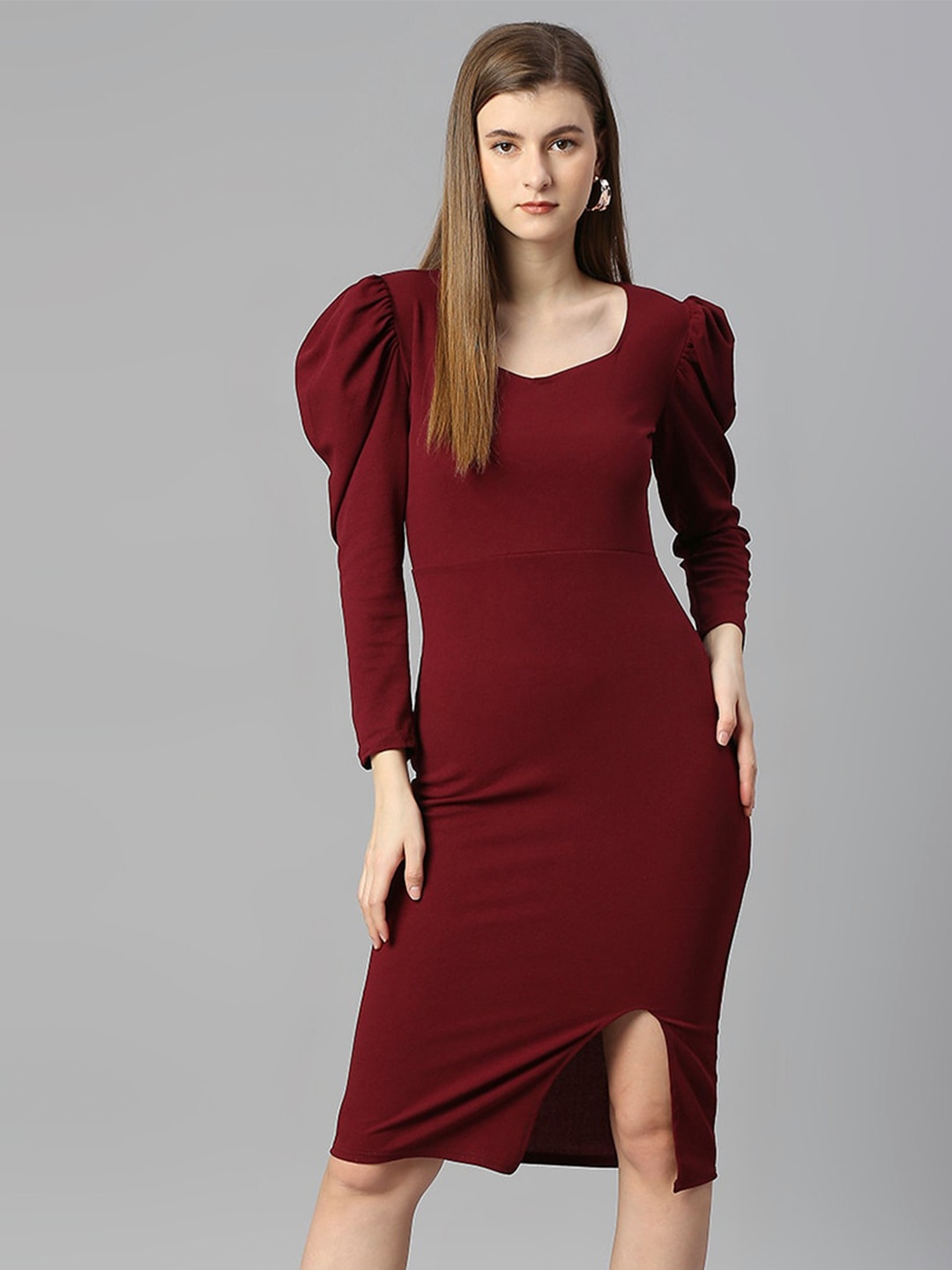 

Ekta Textiles Sweetheart Neck Puff Sleeves Sheath Dress, Maroon