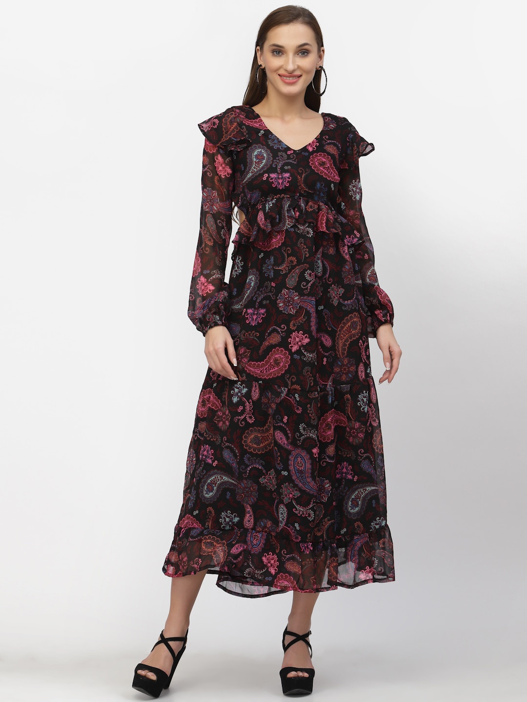 

FLAWLESS Bishop Sleeves Ethnic Motifs Printed Midi Dress Comes With a Scrunchie, Maroon
