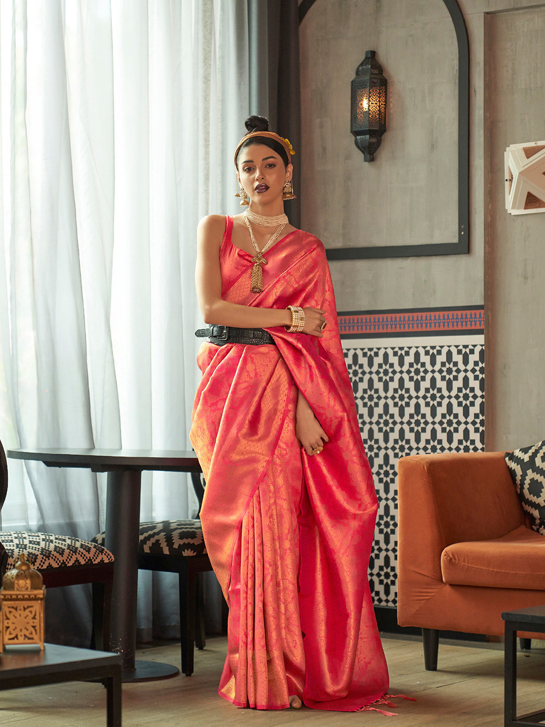 

Mitera Woven Design Zari Pure Silk Saree, Coral