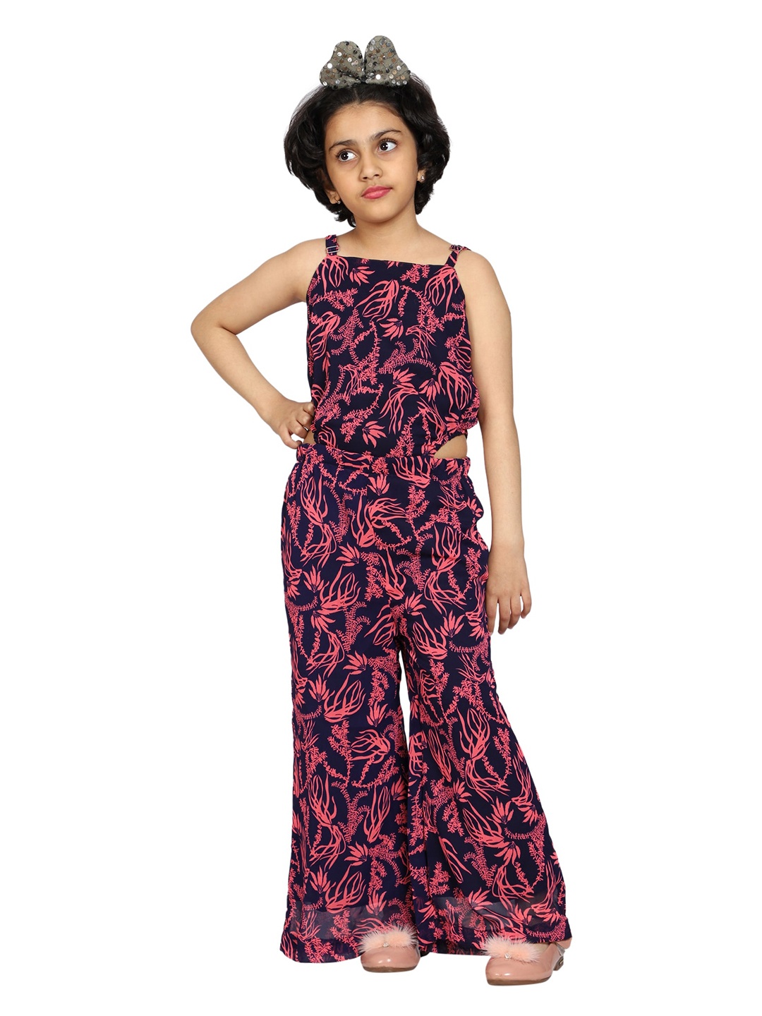 

KiddoPanti Girls Waist Cut Out Printed Basic Jumpsuit, Navy blue