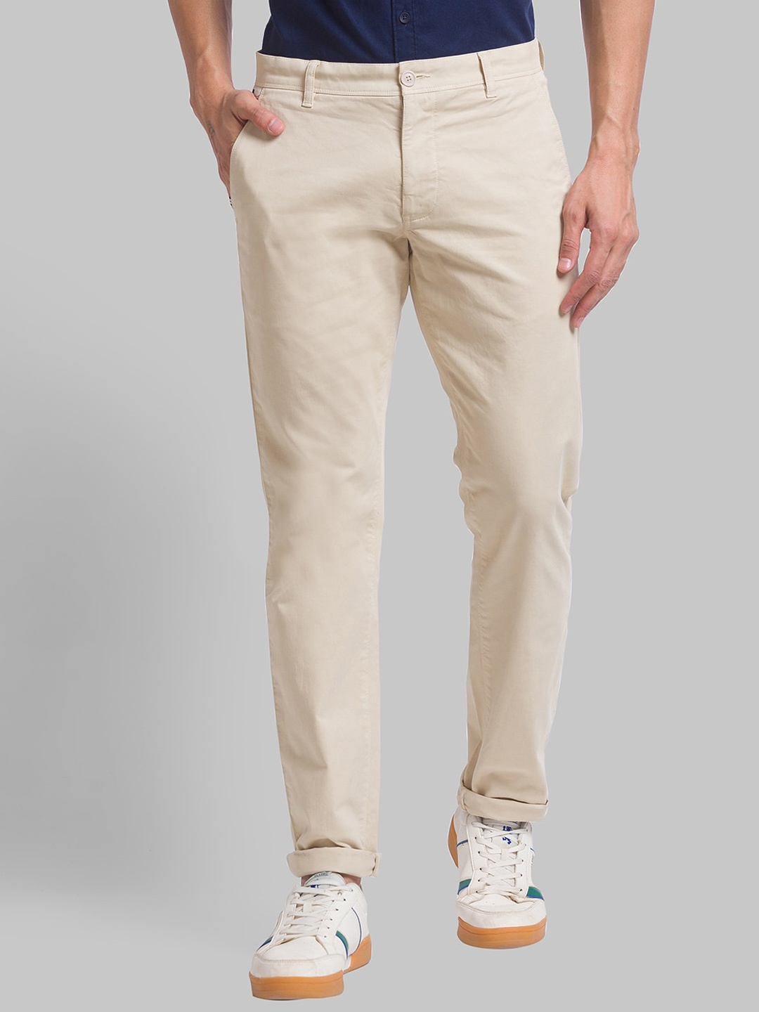 

Parx Men Cotton Mid-Rise Tapered Fit Trousers, Beige