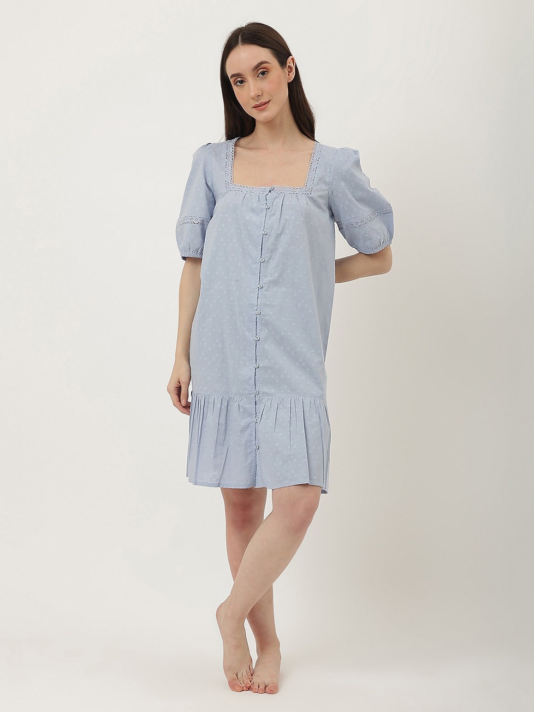 

Marks & Spencer Square Neck Pure Cotton Shirt Nightdress, Blue