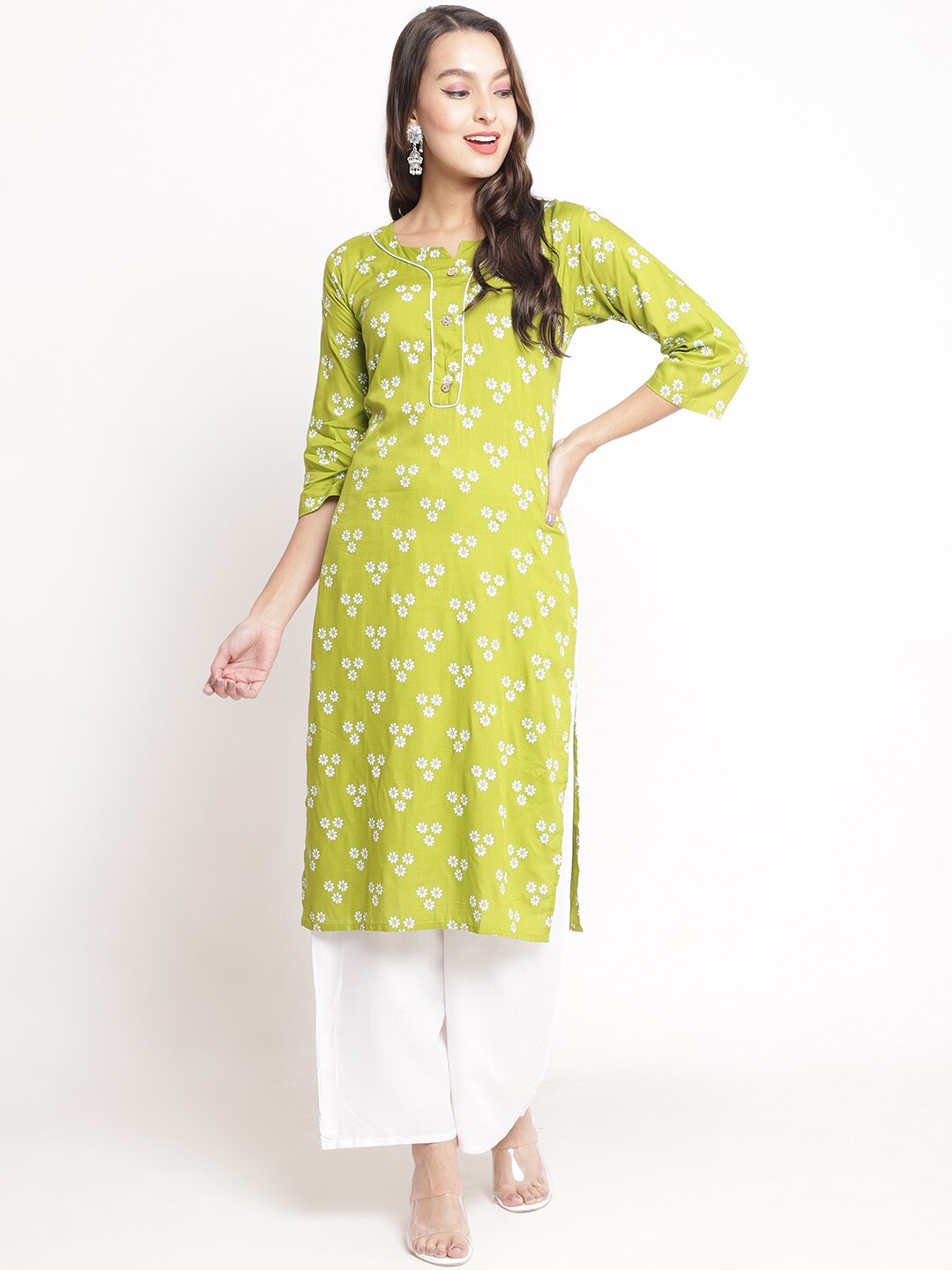 

GRACIT Ethnic Motifs Printed Notch Neck Kurta with Palazzos, Green