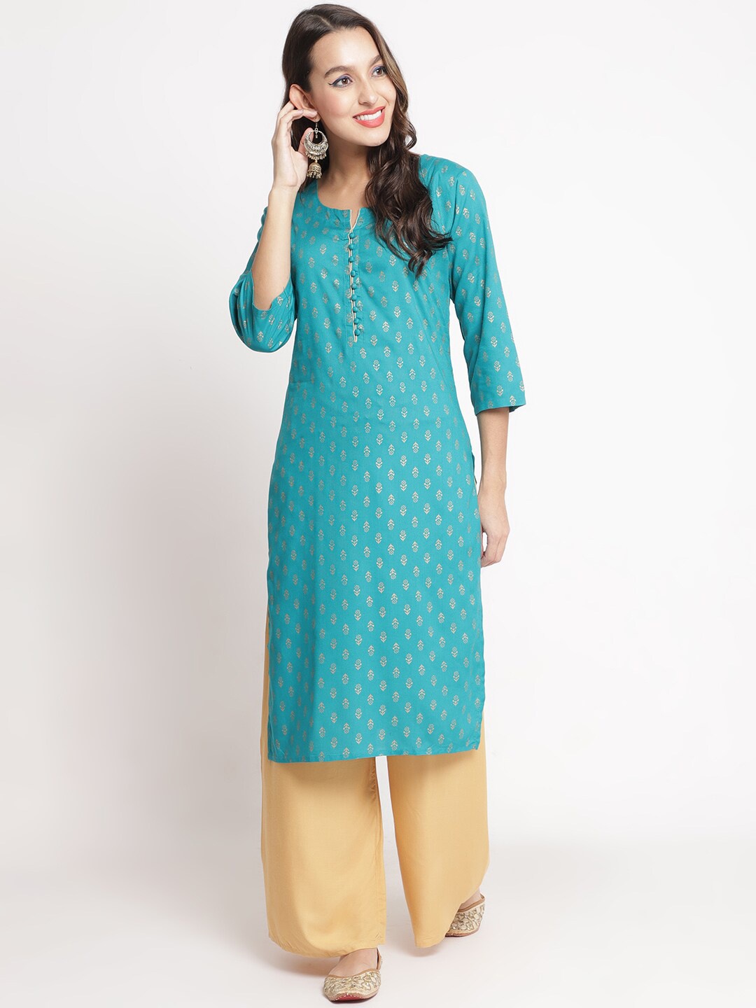 

GRACIT Ethnic Motifs Printed Foil Print Notched Neck Kurta with Palazzos, Turquoise blue