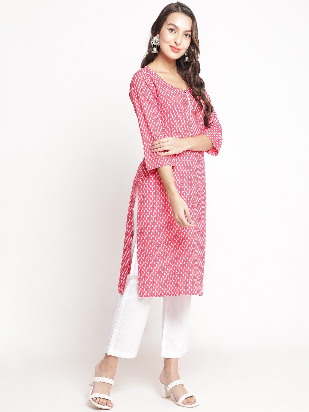 

GRACIT Ethnic Motifs Printed Notched Neck Straight Kurta, Pink
