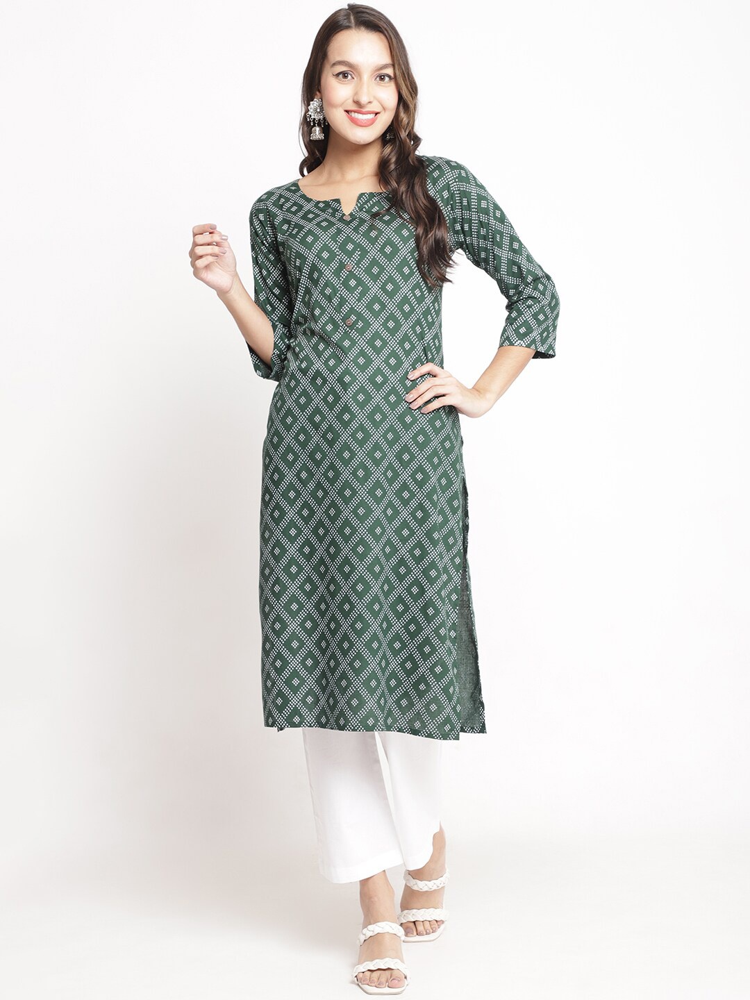 

GRACIT Geometric Printed Notched Neck Straight Kurta, Green