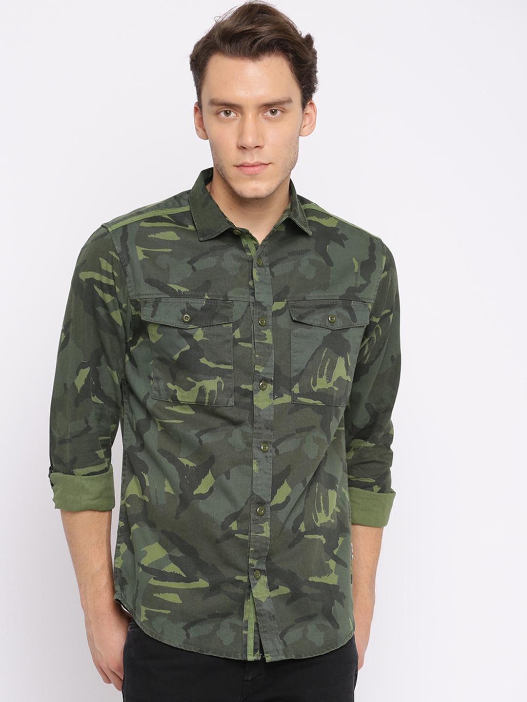

Jack & Jones Men Olive Green Slim Fit Camouflage Printed Casual Shirt