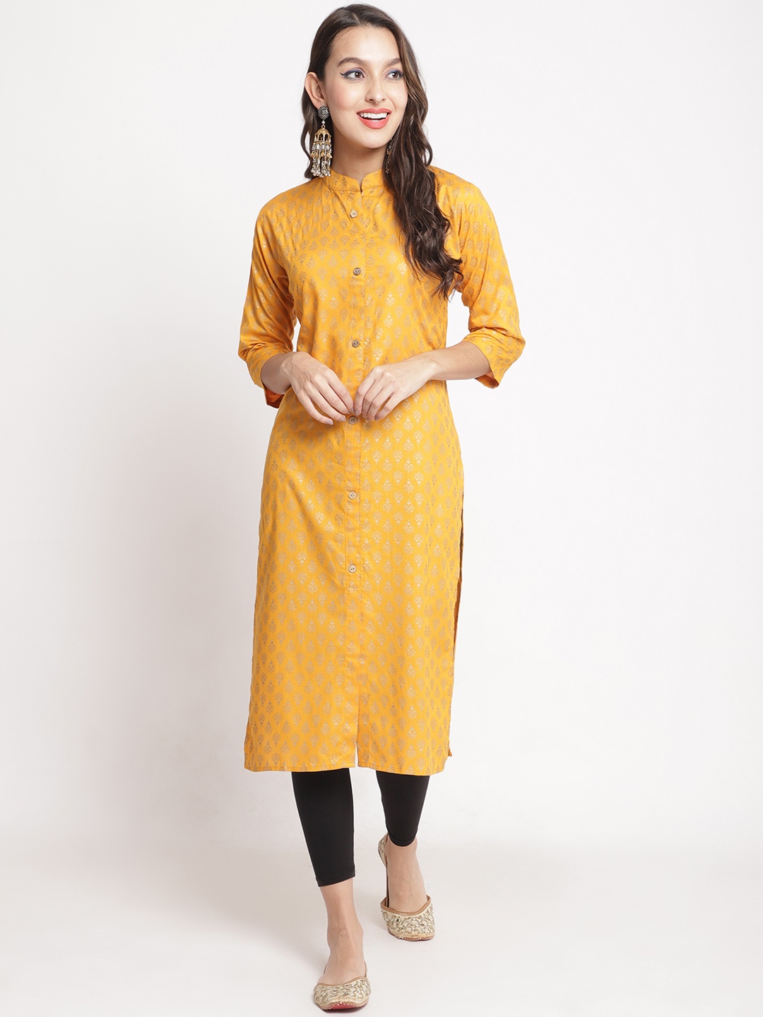 

GRACIT Ethnic Motifs Foil Printed Kurta with Leggings, Yellow
