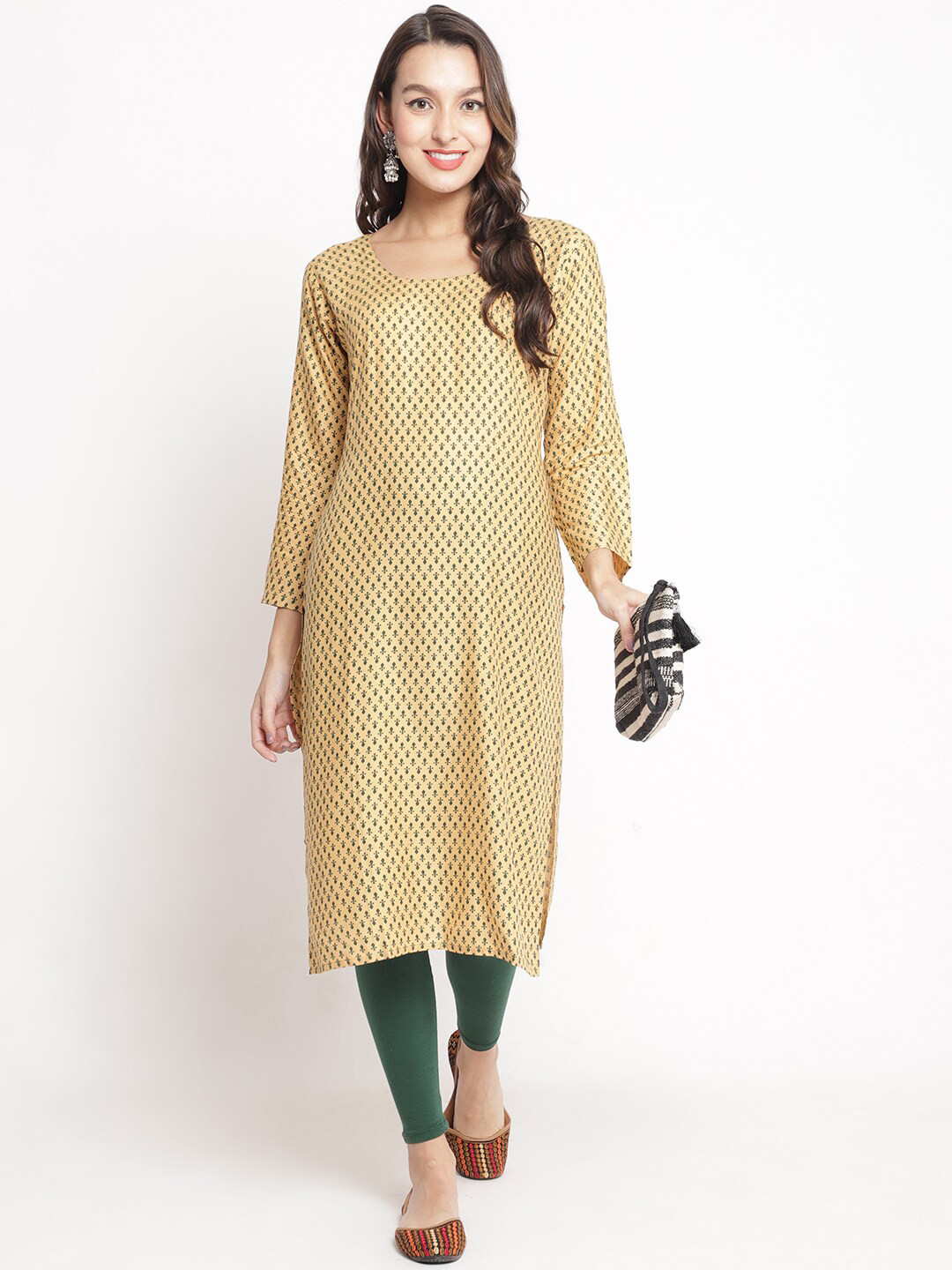 

GRACIT Ethnic Motifs Printed Kurti with Leggings, Beige