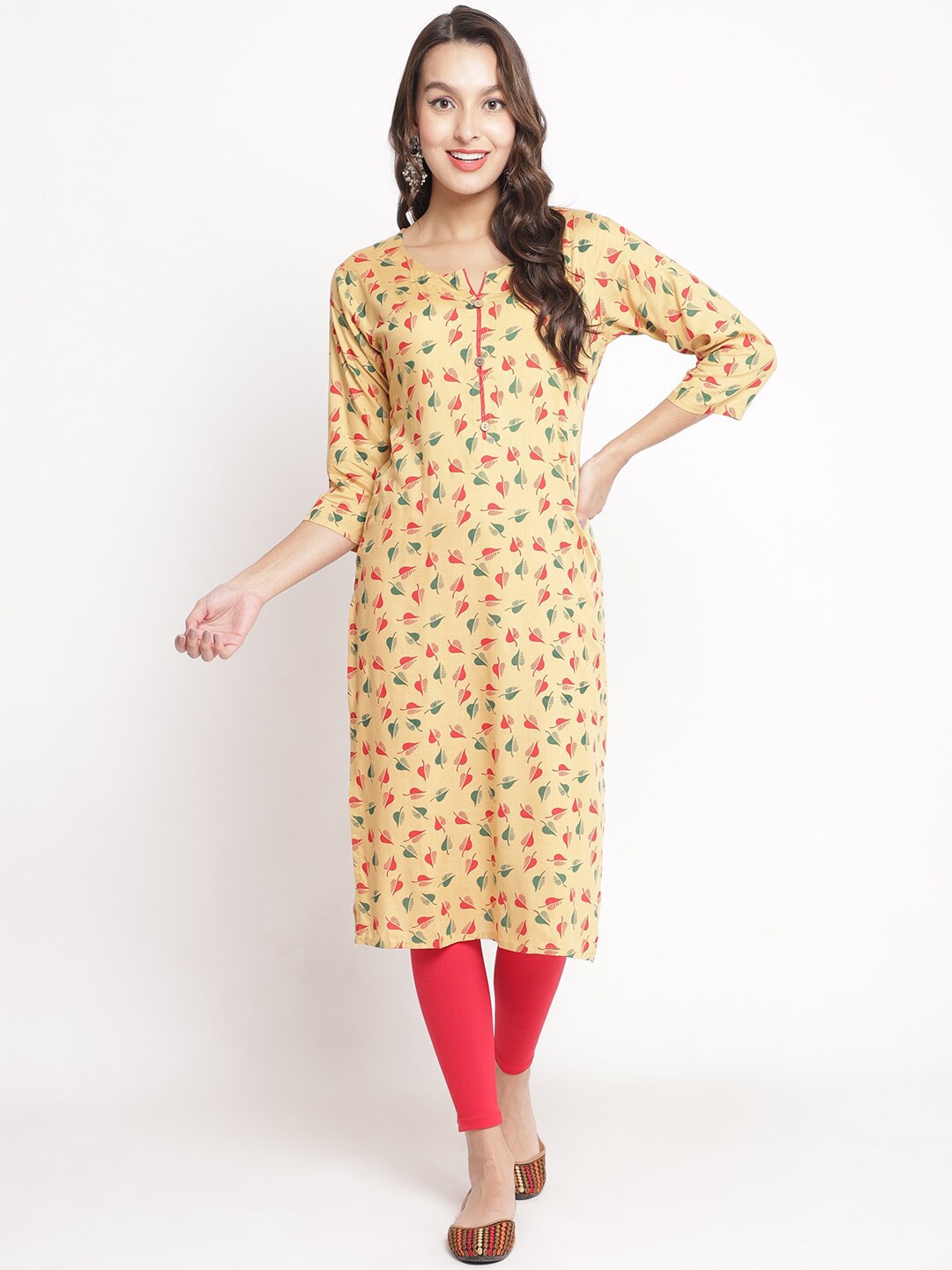 

GRACIT Printed Notched Neck Straight Kurta With Leggings, Beige