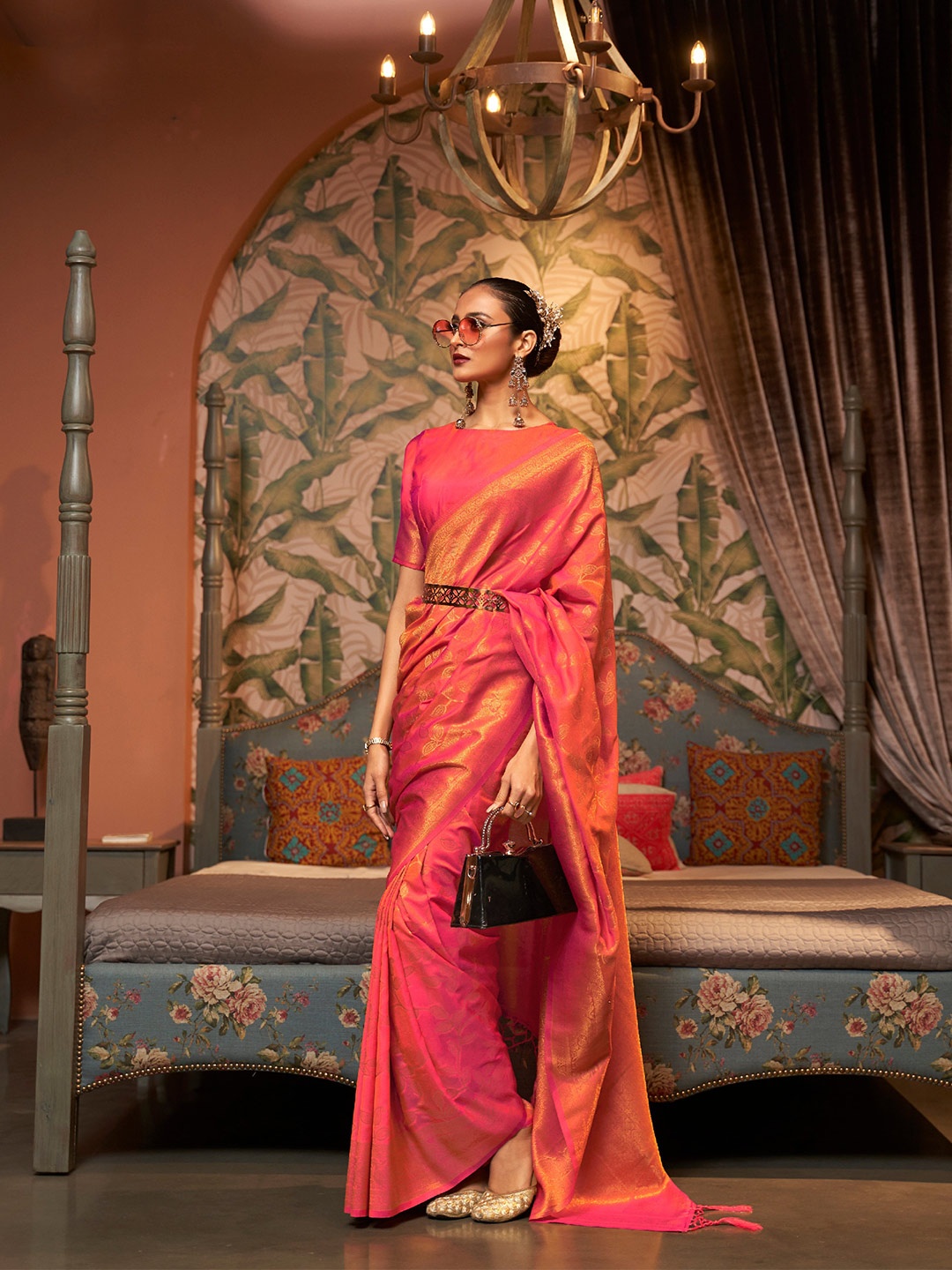 

Mitera Floral Woven Design Zari Pure Silk Banarasi Saree, Coral