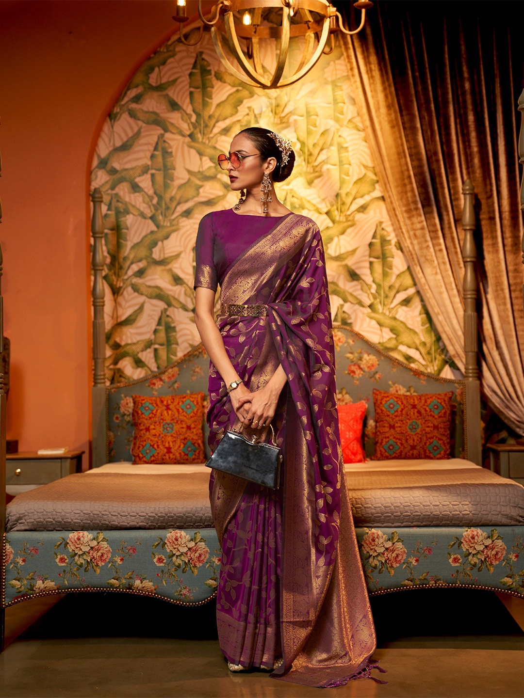 

Mitera Floral Woven Design Zari Pure Silk Banarasi Saree, Purple