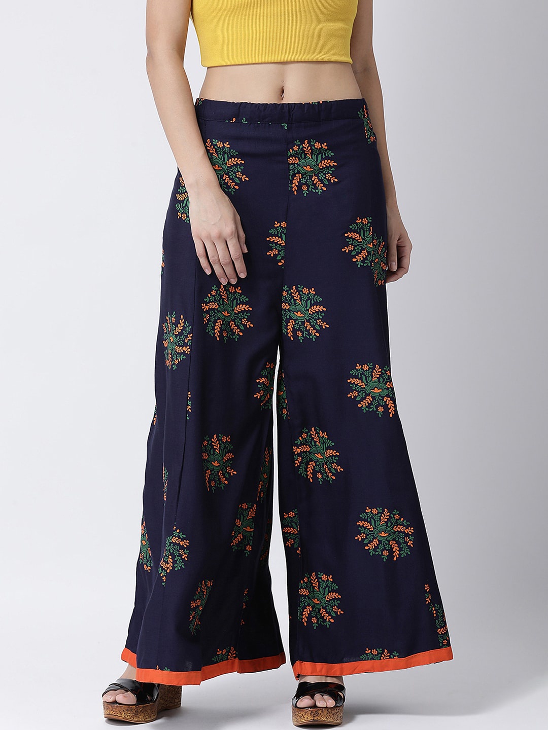

Charitra Women Floral Printed Cotton Flared Palazzos, Navy blue
