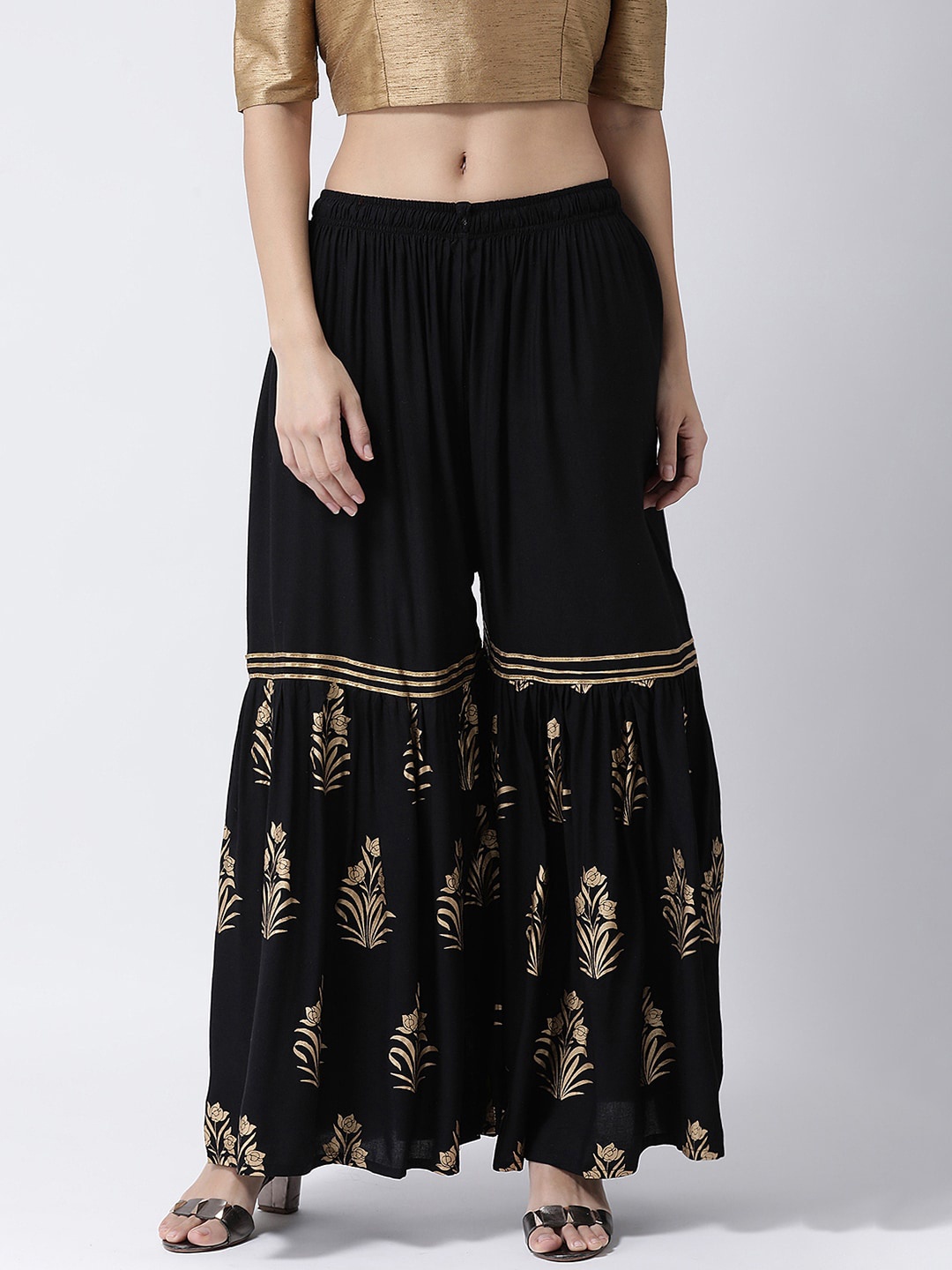 

Charitra Women Floral Printed Cotton Flared Palazzo, Black
