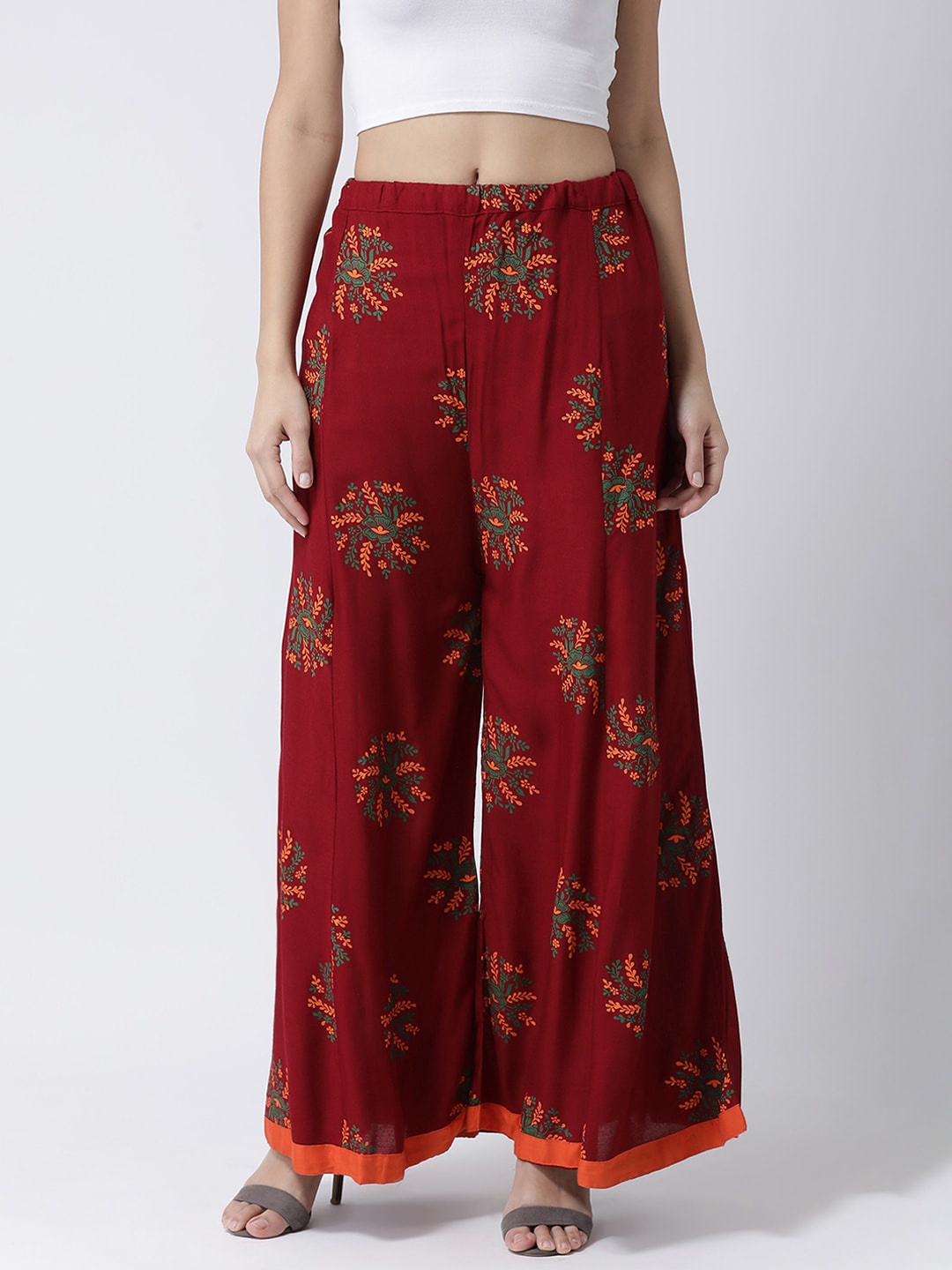 

Charitra Women Floral Printed Cotton Flared Palazzos, Maroon
