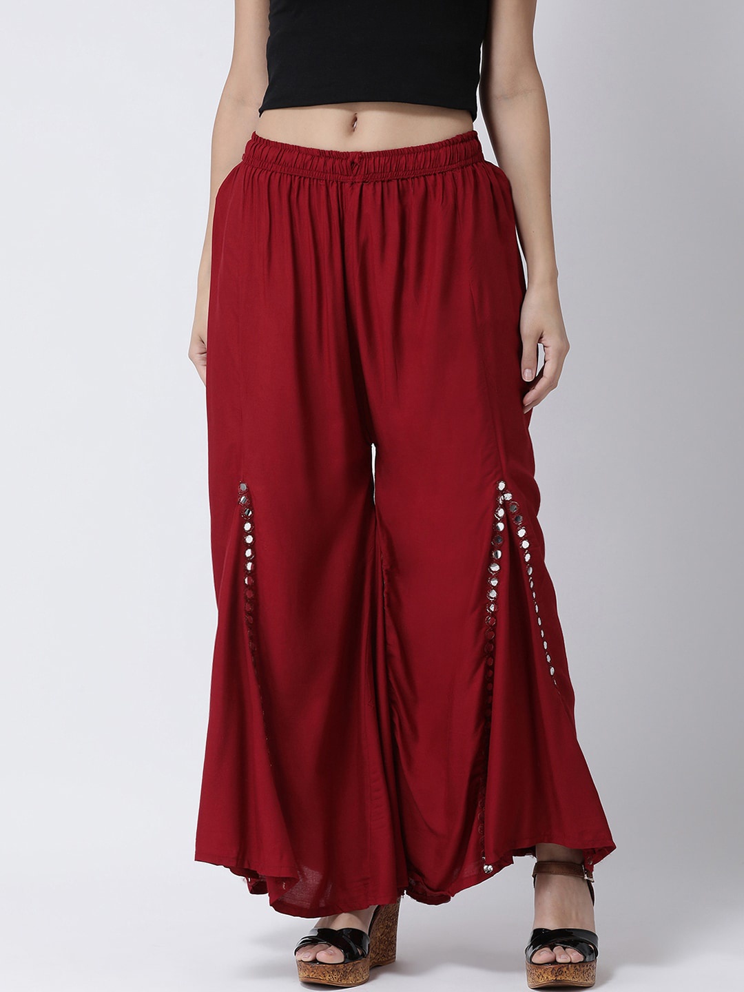 

Charitra Women Embroidered Cotton Flared Palazzos, Maroon