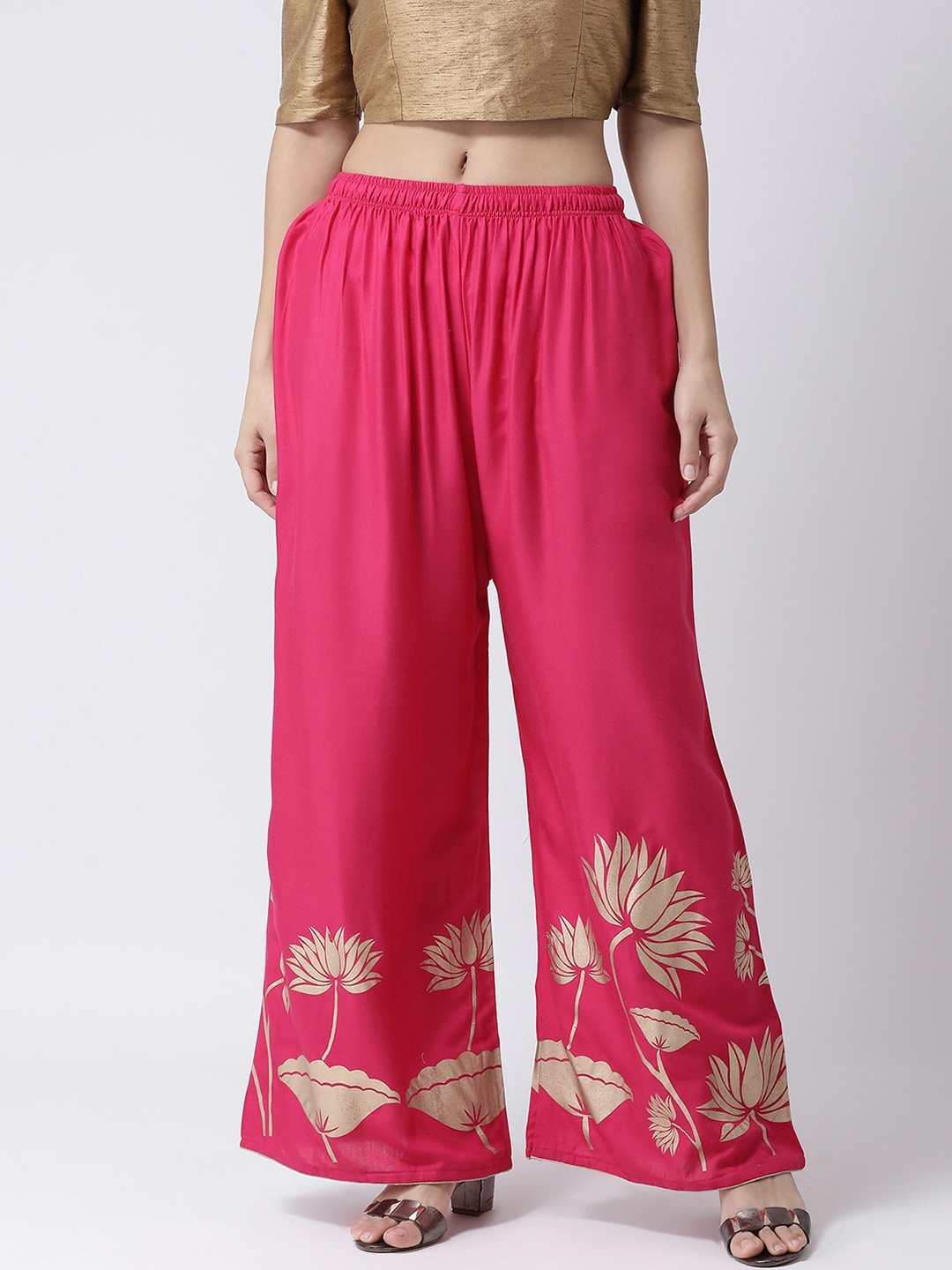 

Charitra Women Floral Printed Woven Cotton Flared Palazzos, Pink