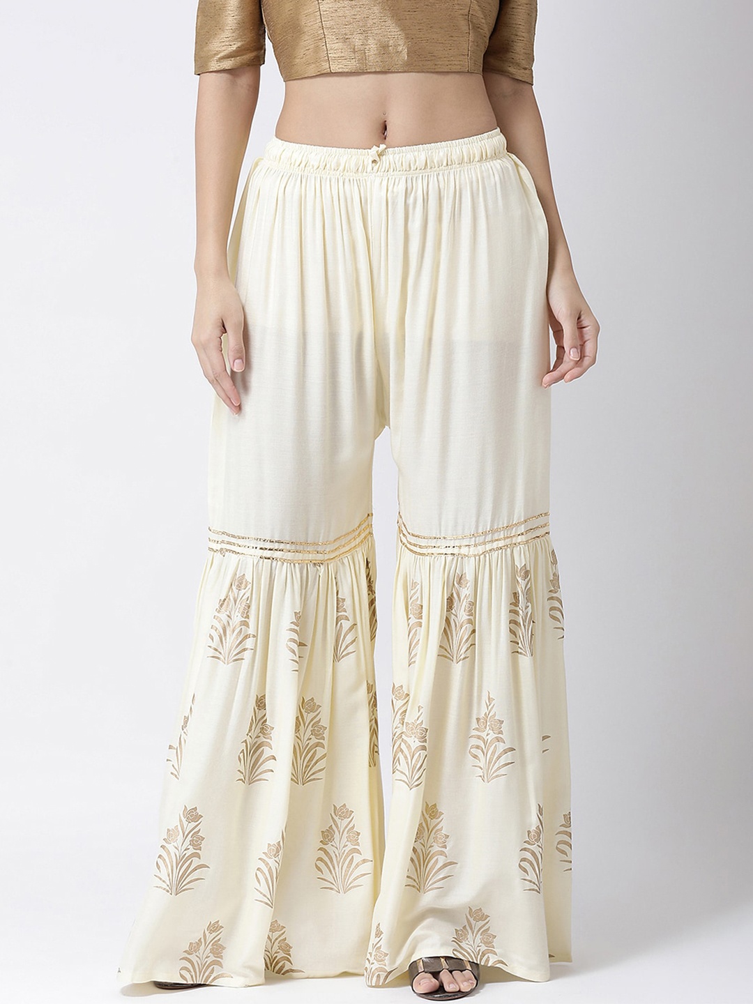 

Charitra Women Floral Printed Flared Ethnic Cotton Palazzos, Off white