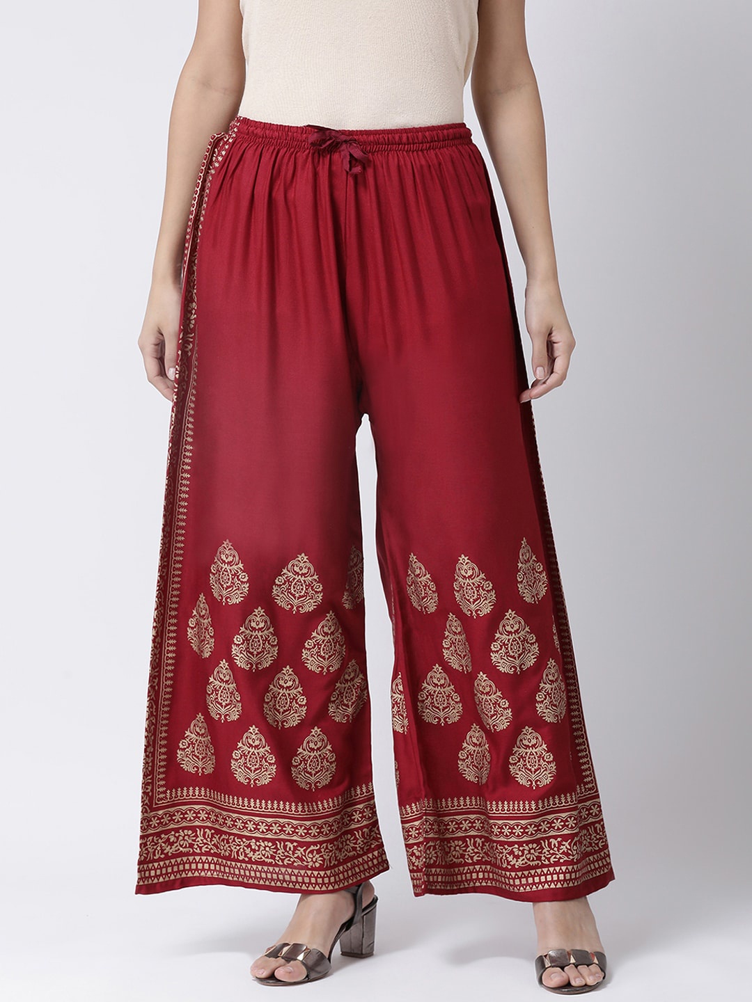 

Charitra Women Floral Printed Flared Cotton Palazzos, Maroon