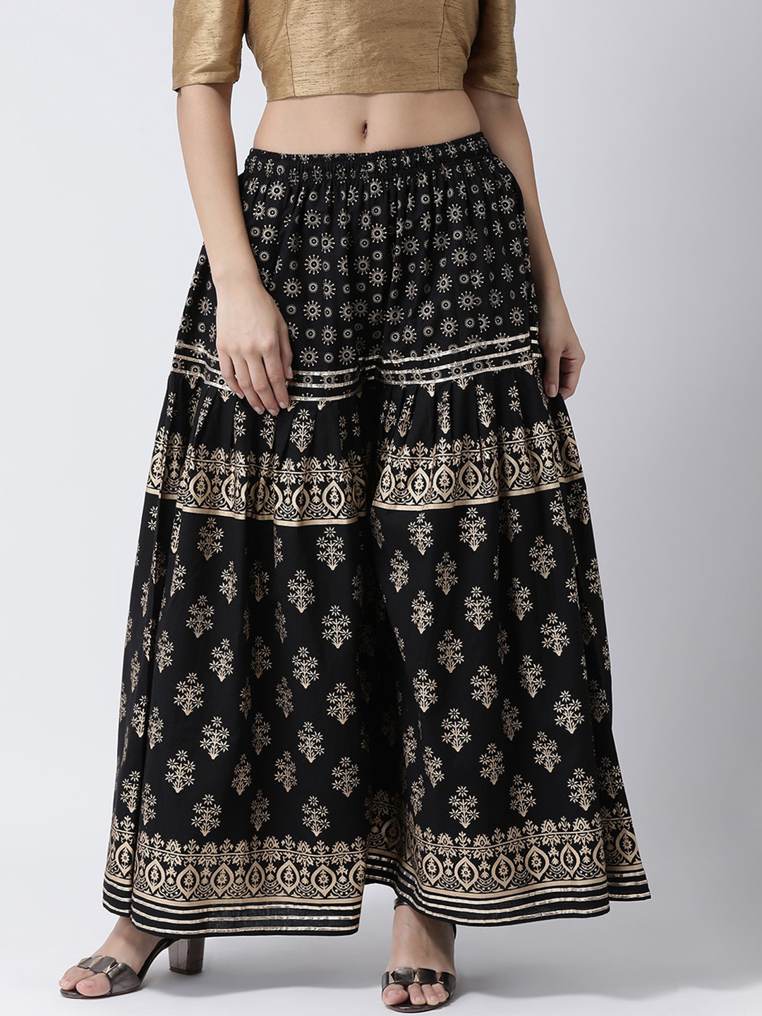 

Charitra Women Floral Printed Cotton Flared Palazzo, Black