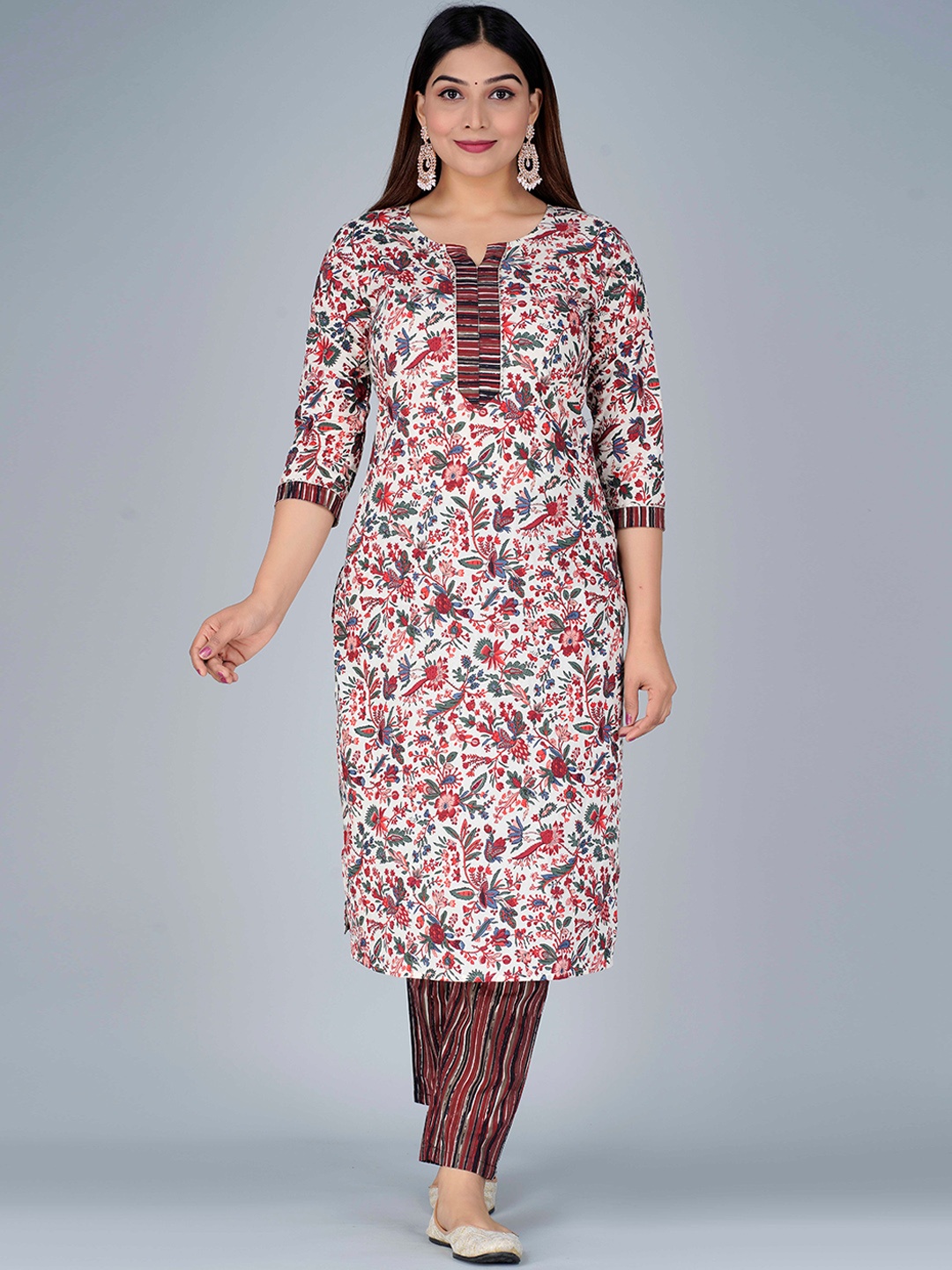

KALINI Women Floral Printed Pure Cotton Kurta With Trousers, Brown
