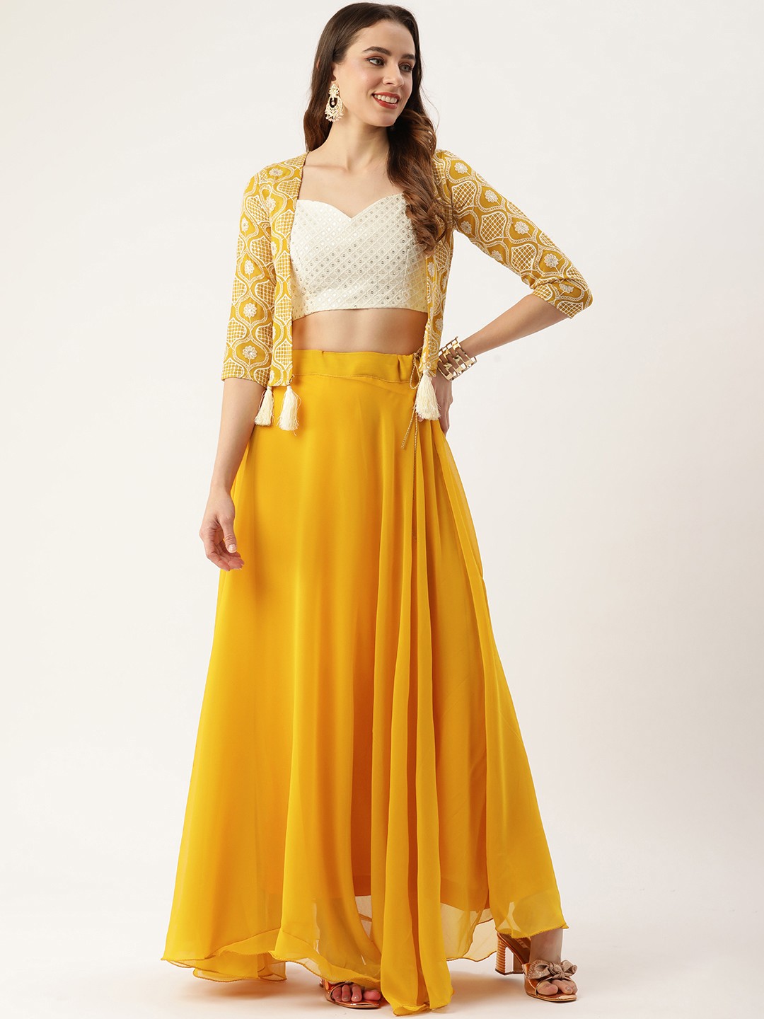 

LOOKNBOOK ART Embroidered Sequinned Ready to Wear Lehenga & Choli With Jacket, Mustard