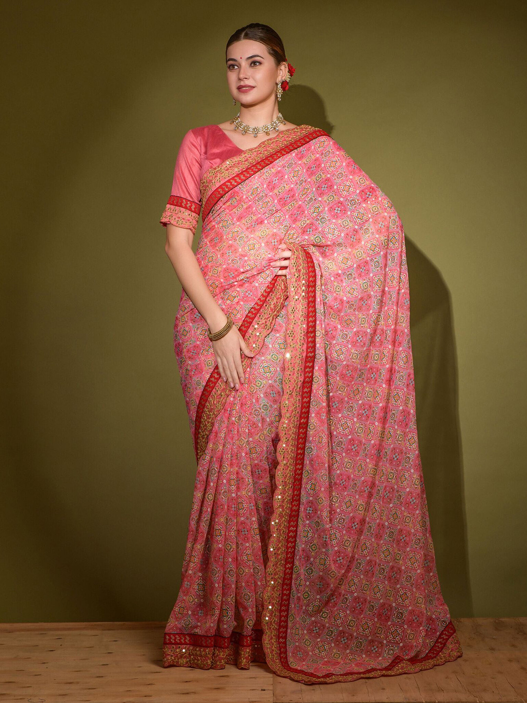 

Kalista Ethnic Motif Printed Embroidered Bordered Pure Georgette Saree, Pink