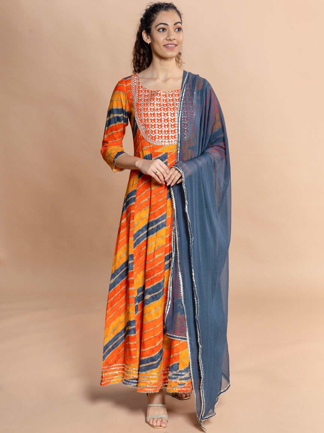 

Rmya Flared Leheriya Print Mirror Work Kurta With Dupatta, Blue