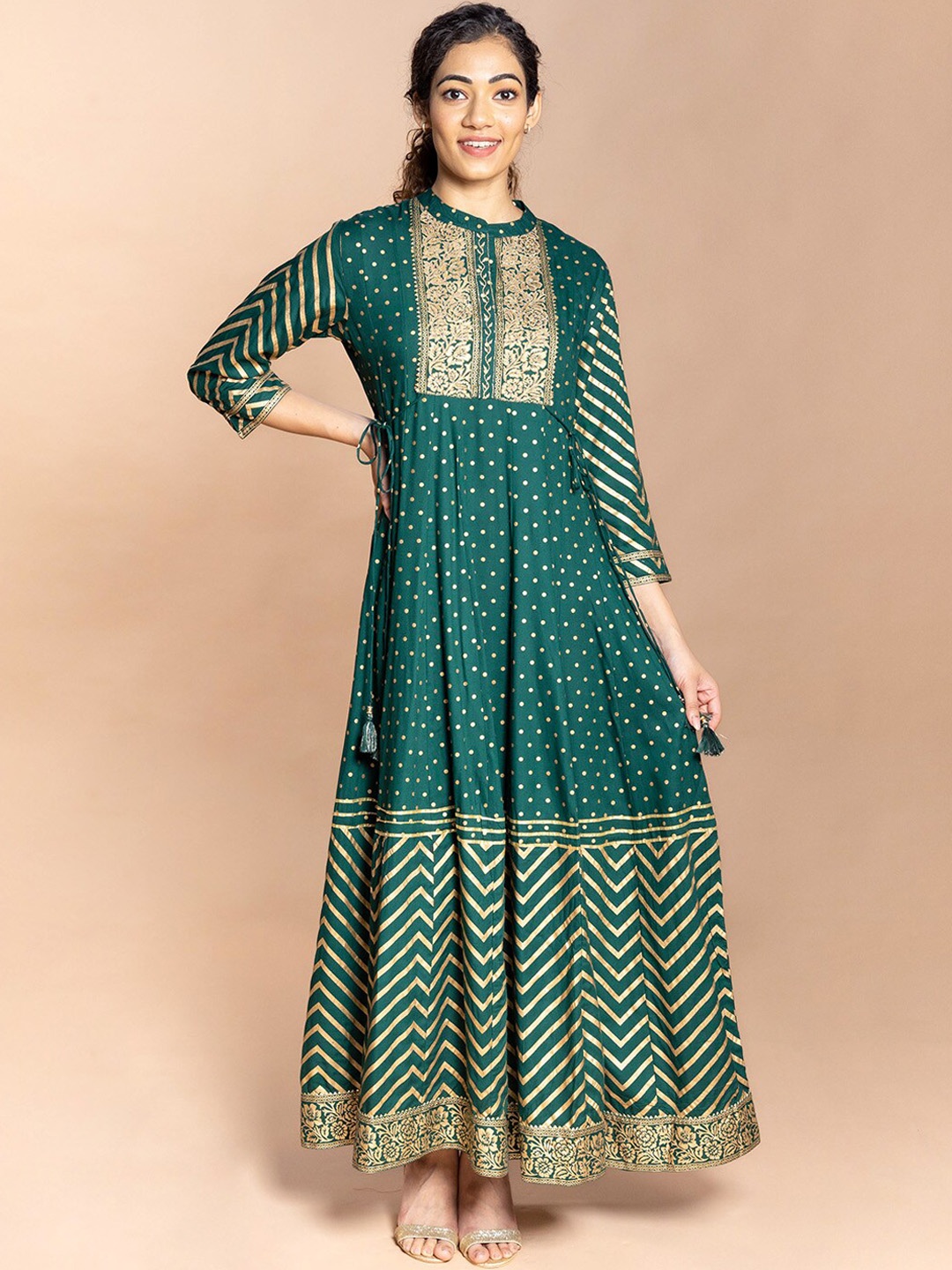 

Rmya Chevron Printed Band Collar Anarkali Kurta, Green