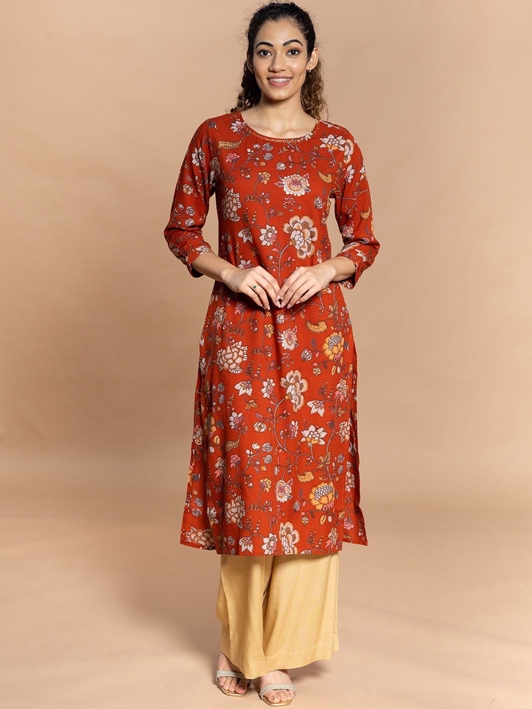 

Rmya Ethnic Motifs Printed Sequined Pure CottonKurta, Rust