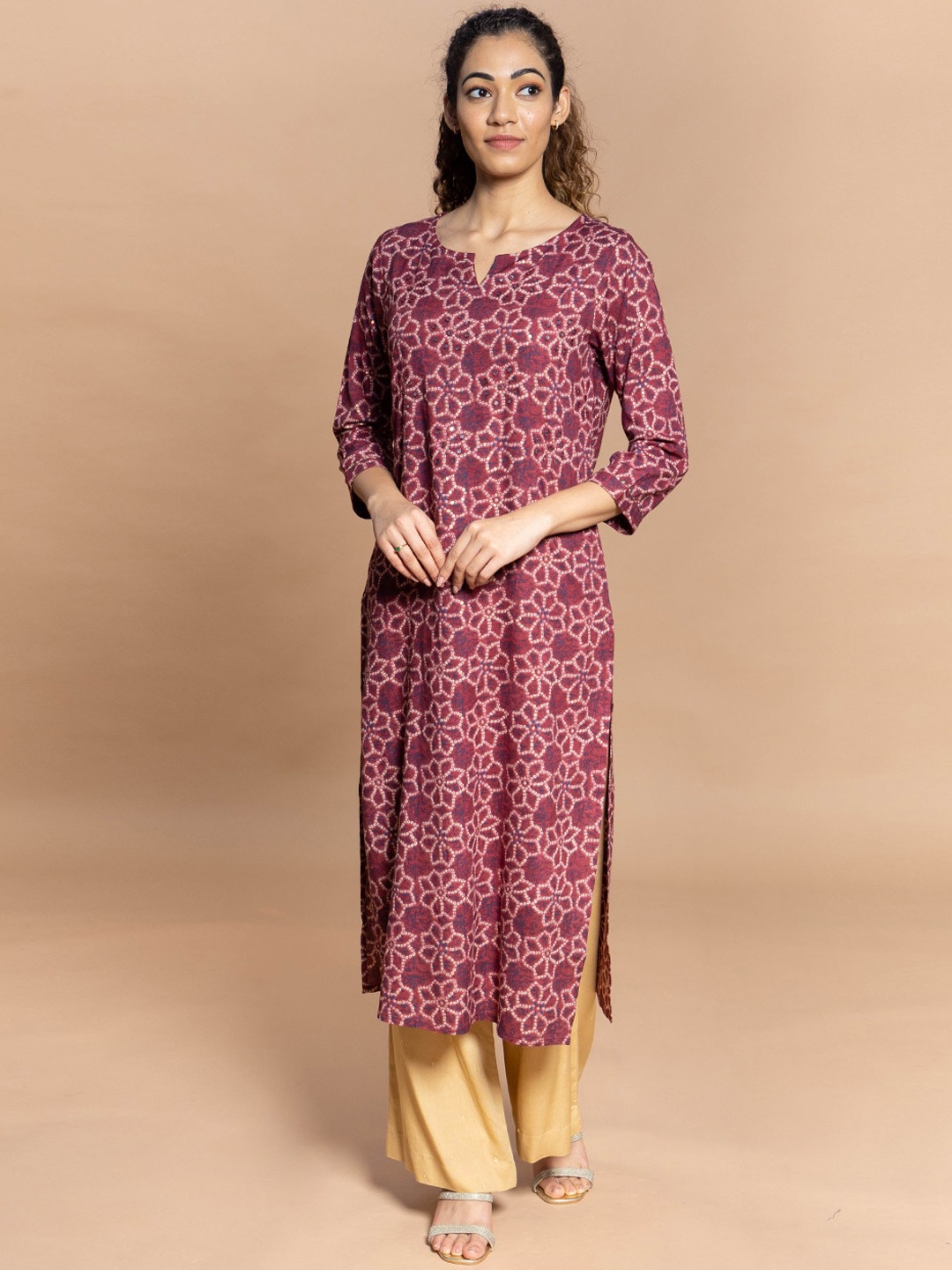 

Rmya Ethnic Motifs Printed Notch Neck Mirror Work Kurta, Maroon