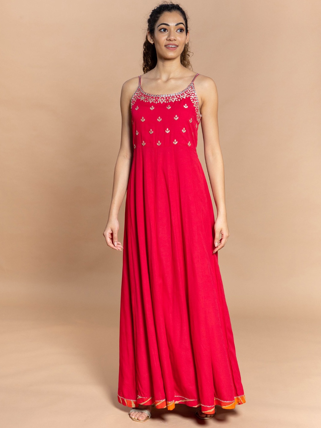 

Rmya Women Shoulder Straps Embellished Anarkali Kurta With Dupatta, Red