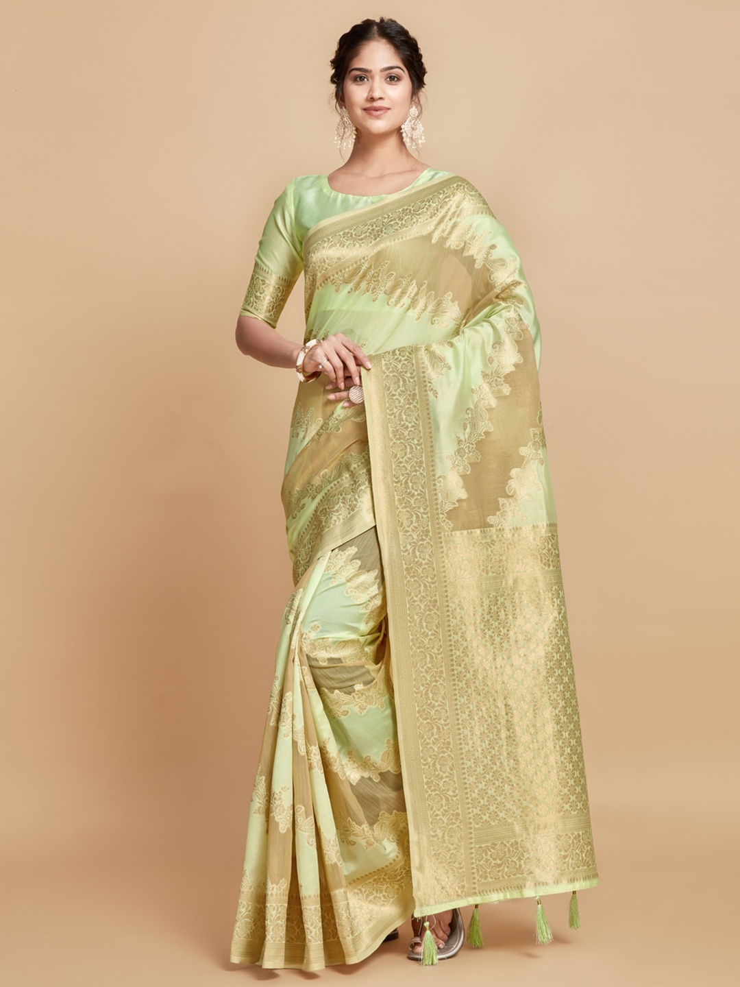 

GAJARAI Woven Design Zari Linen Blend Kanjeevaram Saree, Sea green