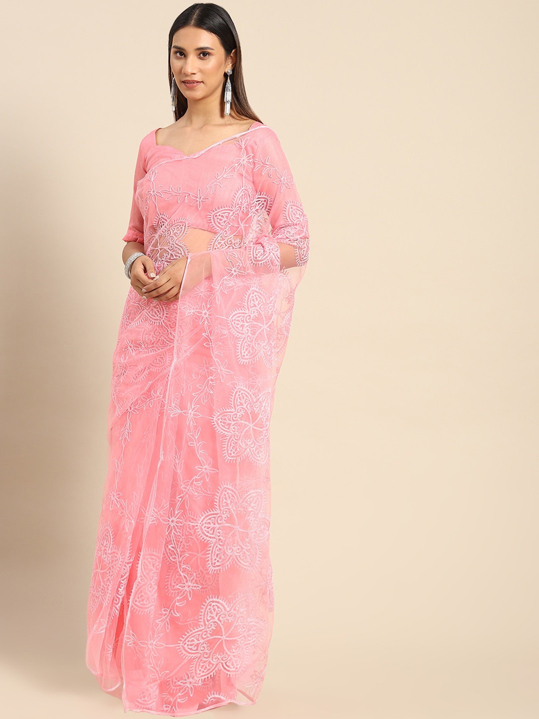 

GAJARAI Floral Embroidered Net Saree, Pink