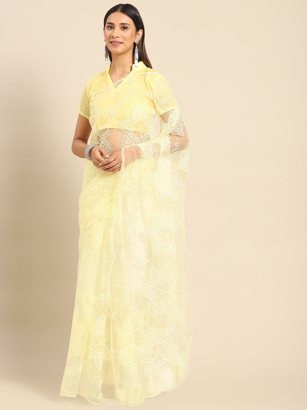 

GAJARAI Floral Embroidered Net Saree, Yellow