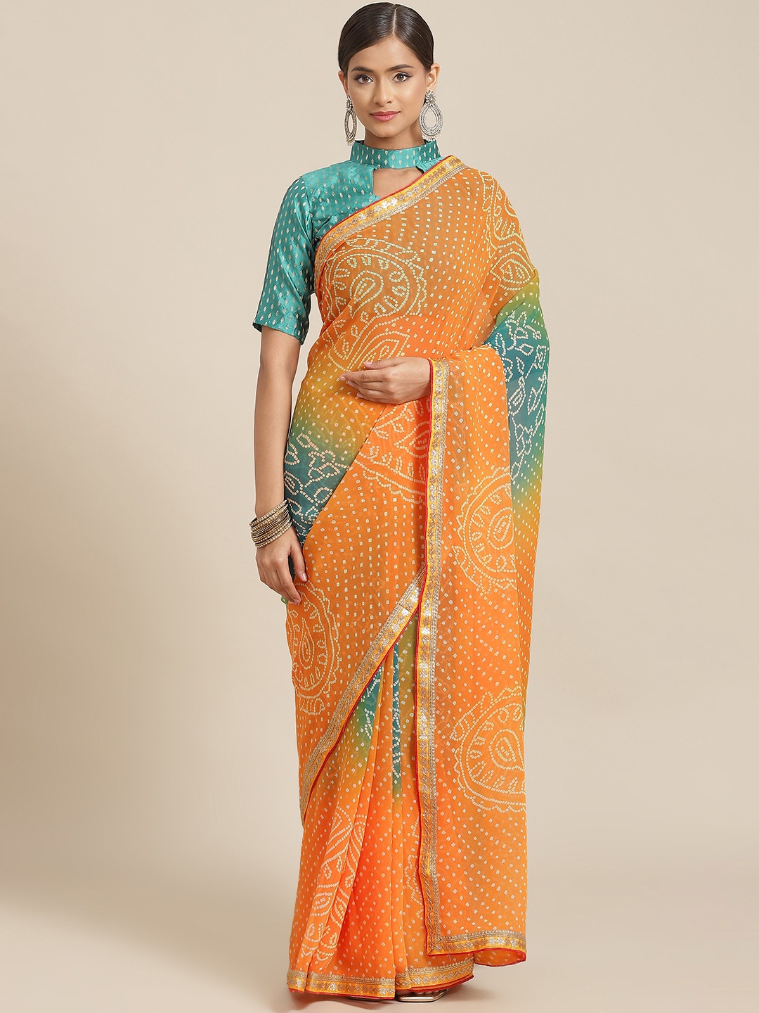 

GAJARAI Bandhani Pure Georgette Bandhani Saree, Orange