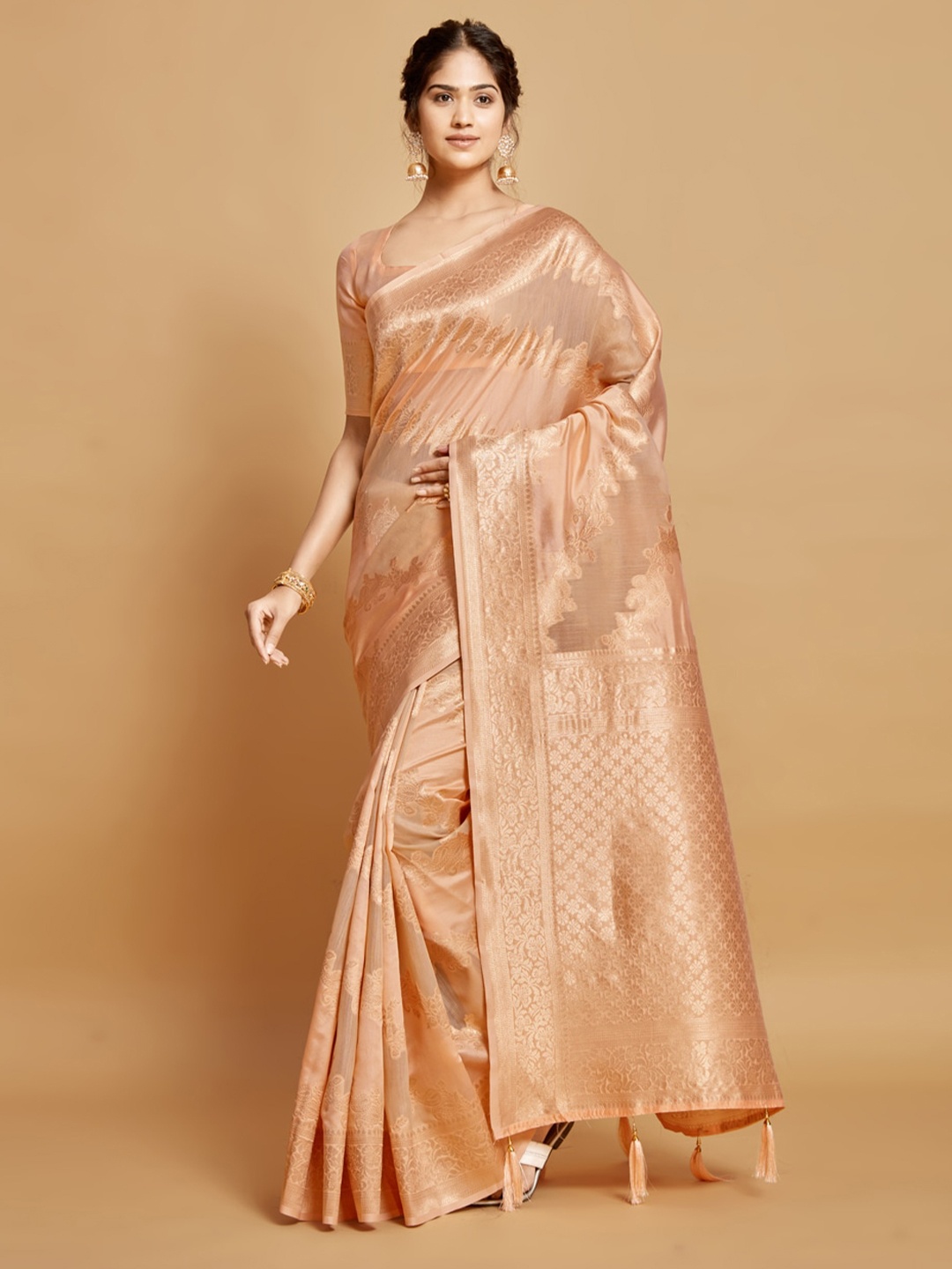 

GAJARAI Woven Design Zari Linen Blend Kanjeevaram Saree, Peach