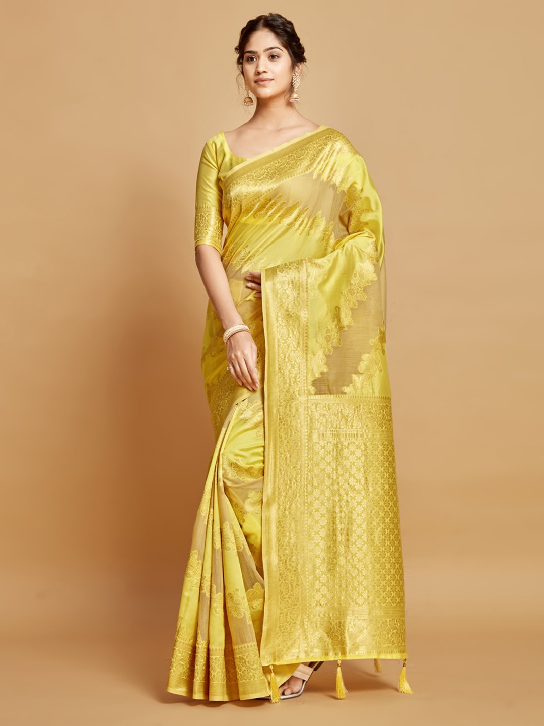 

GAJARAI Woven Design Zari Linen Blend Kanjeevaram Saree, Yellow