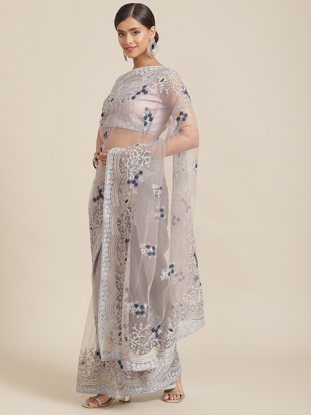 

GAJARAI Floral Embroidered Net Saree, Grey